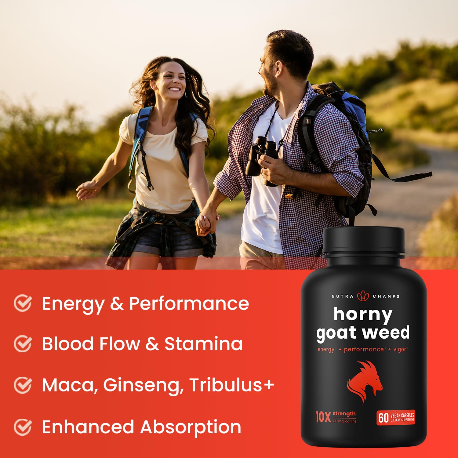 NutraChamps Horny Goat Weed, 1000mg Epimedium Energy Supplement, 10X Strength Icariin, Ginseng, Tribulus & Maca Pills for Women & Men, Enhanced Absorption with Black Pepper, 60 Vegan Capsules NutraChamps buy supplements canada