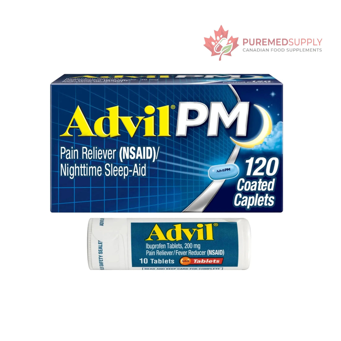 Advil PM Pain Reliever and Nighttime Sleep Aid, Ibuprofen for Pain Relief and Diphenhydramine Citrate for a Sleep Aid - 120 Coated Caplets and Pain Reliever and Fever Reducer, 10 Count Tablets Advil buy supplements canada