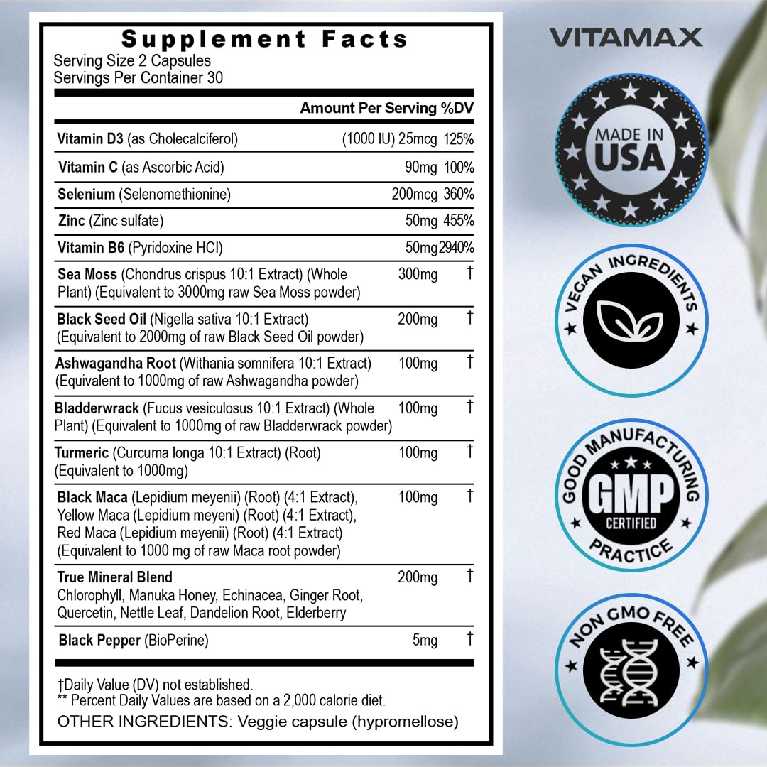 Sea Moss 3000mg Maca 1000mg Black Seed Oil 2000mg Ashwagandha 1000mg Bladderw Vitamax buy supplements canada