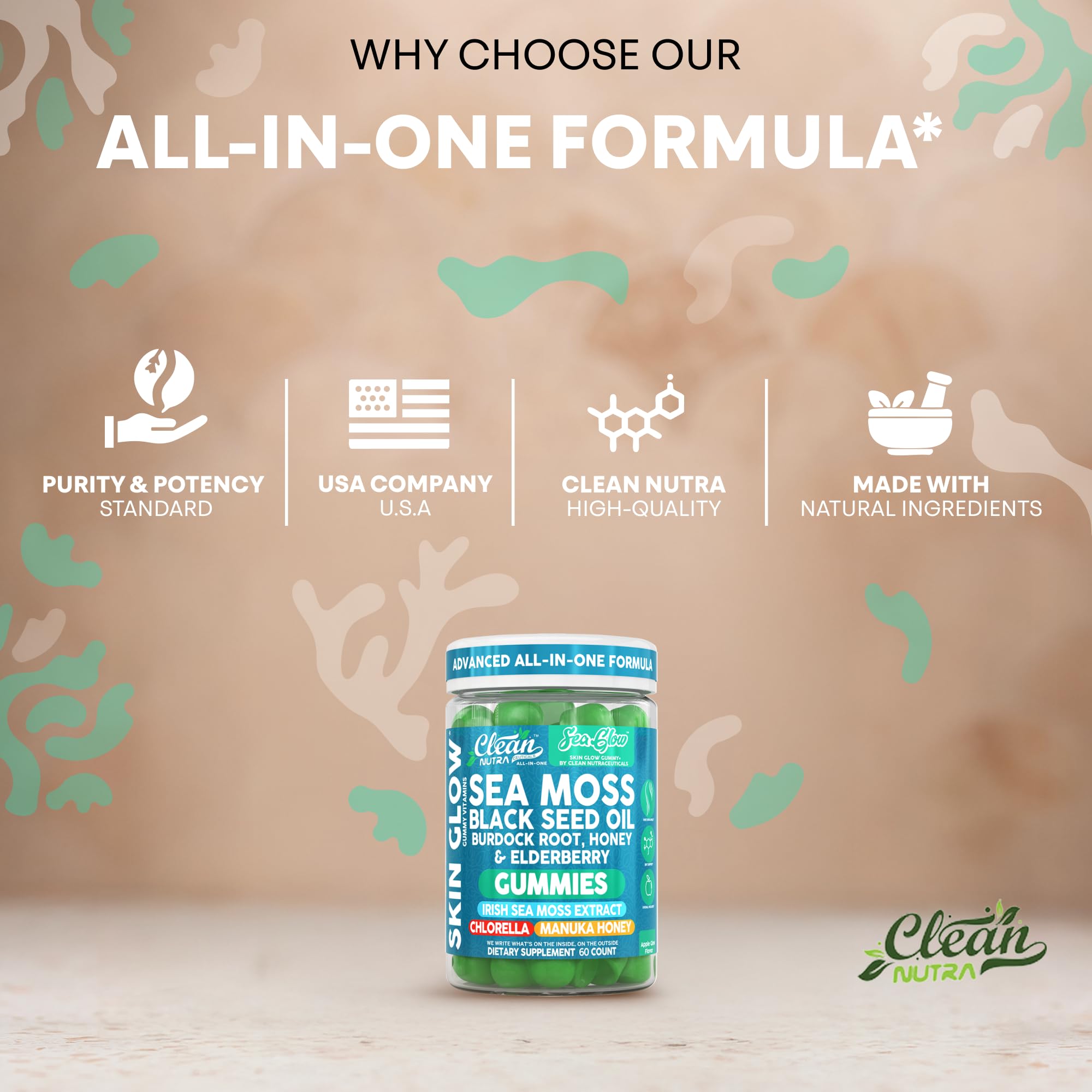 Clean Nutra Sea Moss Gummies Black Seed Oil Chlorella Ashwagandha Root Hair Growth Skin Glow Irish Sea Moss Elderberry Burdock Manuka Honey Trace Minerals Detox 60 Gummy Vitamins Sea Glow Supplement Clean Nutraceuticals buy supplements canada