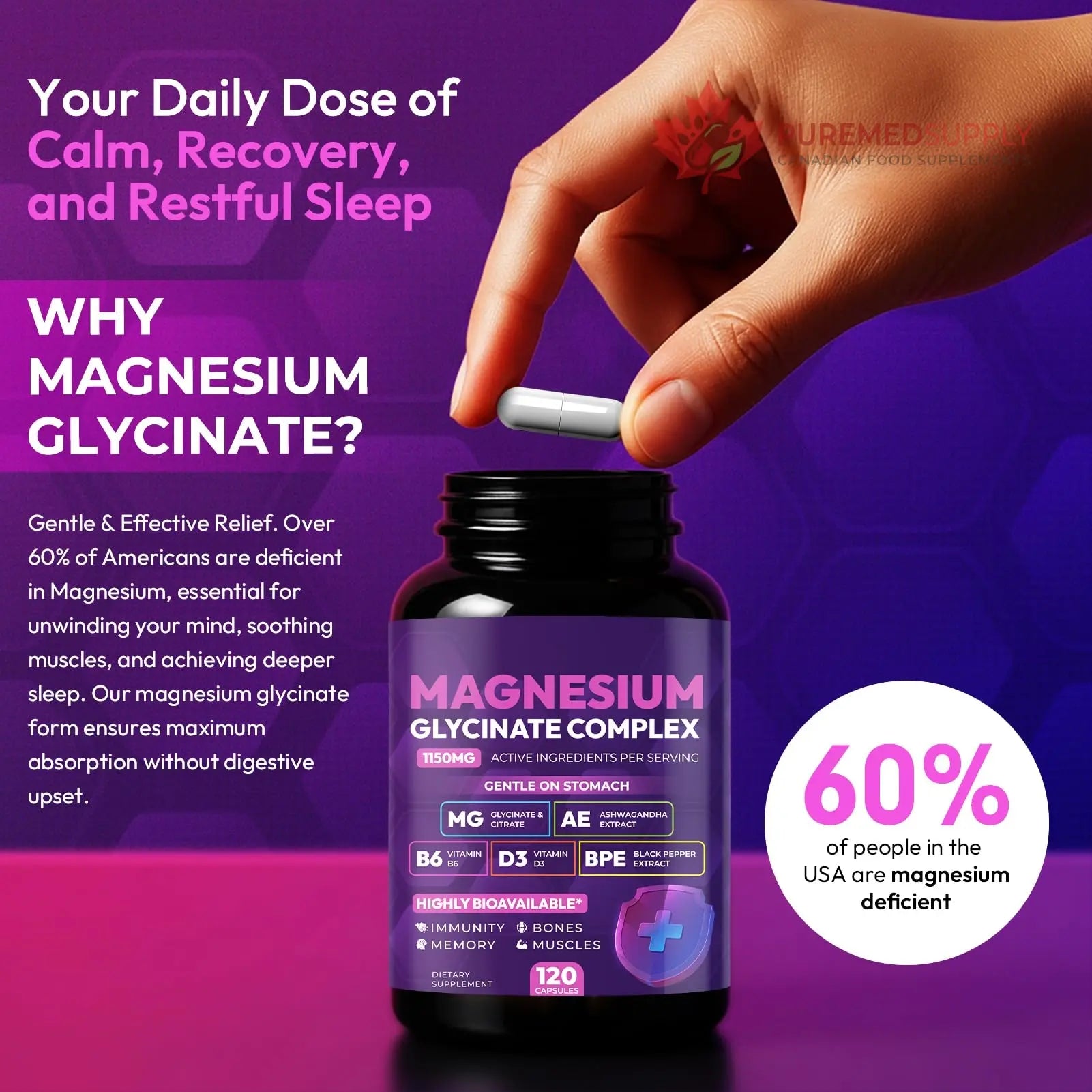 Magnesium Glycinate Complex 1150mg - Gentle on Stomach High Absorption Magnesium Capsules with Citrate, Silica, Ashwagandha & Vitamin B6 for Zzz, Stress Relief, Muscle Support for Adults, Women & Men Cytona buy supplements canada