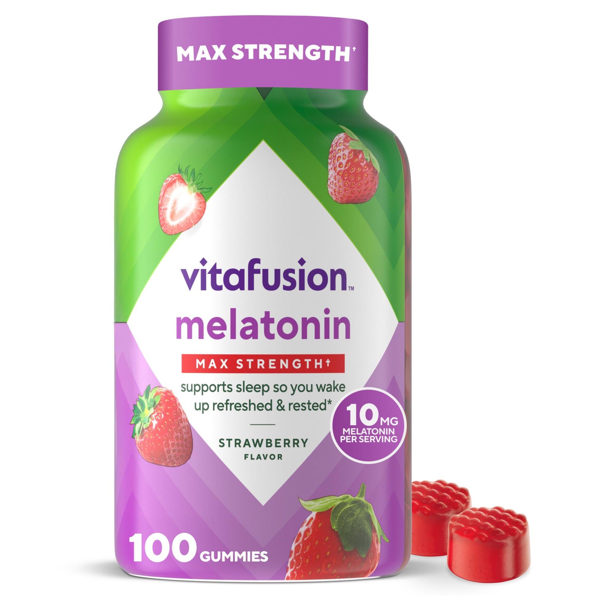 vitafusion Max Strength 10 mg Melatonin Gummies, Strawberry Flavored, Adult Melatonin Gummy Vitamin Supplement, 100 Count, 50 Day Supply Vitafusion buy supplements canada