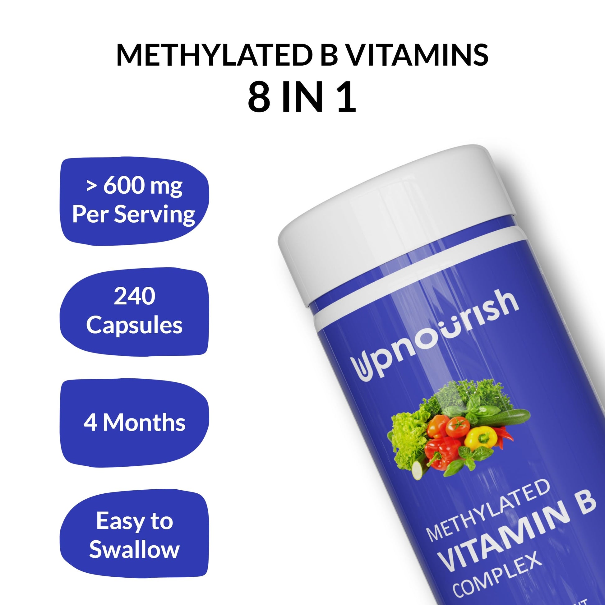 UpNourish Methylated B Complex Vitamins for Women and Men, 240 Veggies Capsules - Active Pure B Complex with Organic Fruits, Vegetables, B1 Thiamine, B2 Riboflavin, UpNourish buy supplements canada
