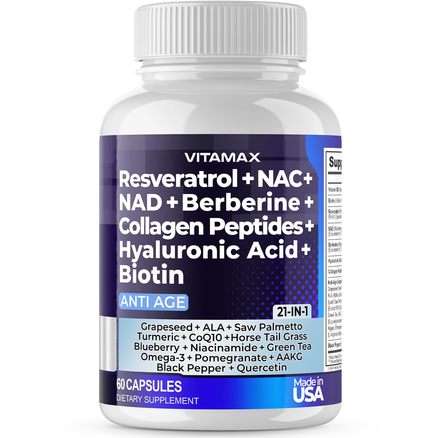 Resveratrol NAD+ Berberine Hyaluronic Acid - Biotin Grape & Blueberry + NAC - Collagen Peptides - Hair, Nail, Skin & Joint Supplement - 21-in-1 Women and Men Vitamax buy supplements canada