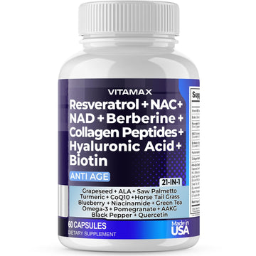 Resveratrol NAD+ Berberine Hyaluronic Acid - Biotin Grape & Blueberry + NAC - Collagen Peptides - Hair, Nail, Skin & Joint Supplement - 21-in-1 Women and Men Vitamax buy supplements canada