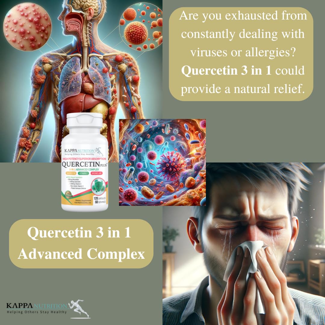 QUERCETIN PLUS, Quercetin 1,000mg, Bromelain 500mg and Vitamin C 1,000mg, (120 Capsules), 3 in 1 from Bioflavonoids, Supports Immune, Cardiovascular & Respiratory Health, Seasonal Allergy Relief. KAPPA NUTRITION buy supplements canada
