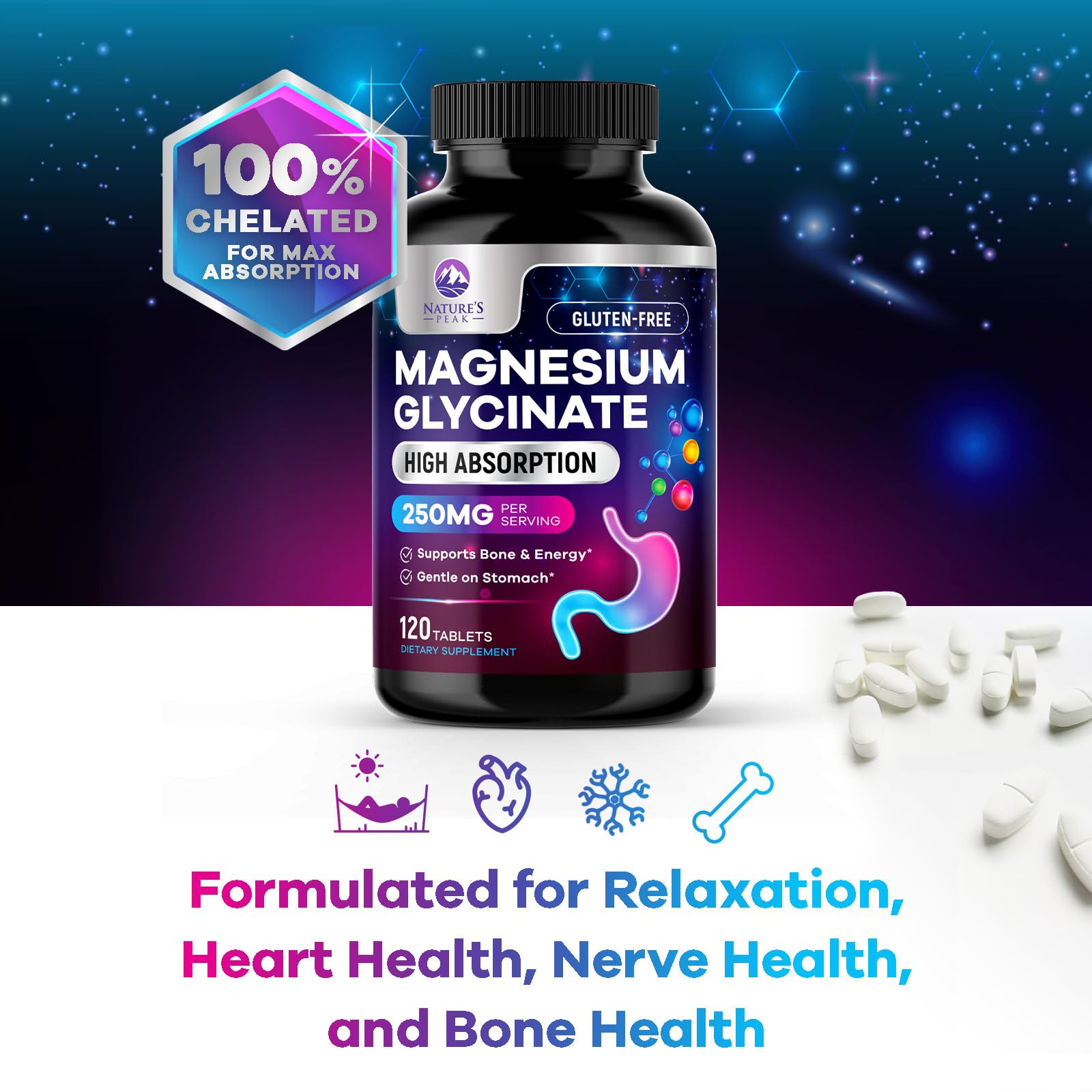 Magnesium Glycinate Supplement 250mg - 100% Chelated & Purified - to Support Sleep, Heart Health, Muscles, & Bone Strength - Best Absorption Magnesium Glycinate Capsules, Bottled in USA - 120 Tablets Nature's Peak buy supplements canada