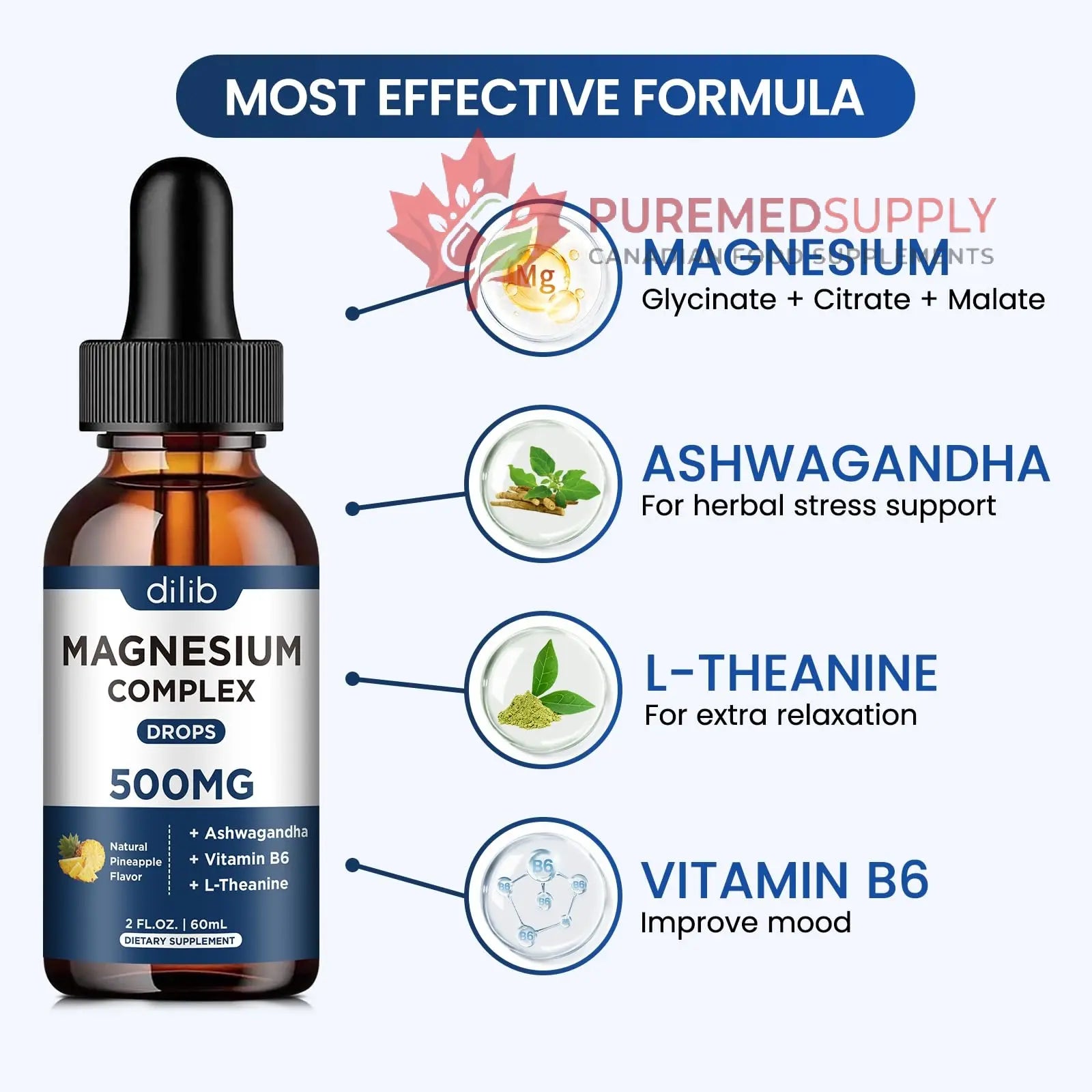 Triple Magnesium Complex Supplement-Magnesium Glycinate, Citrate, Malate Liquid Drops 500mg with Ashwagandha, L-Theanine, Vitamin B6 for Calm, Stress Relief, Sleep, Muscle Support-Pineapple Flavor dilib buy supplements canada