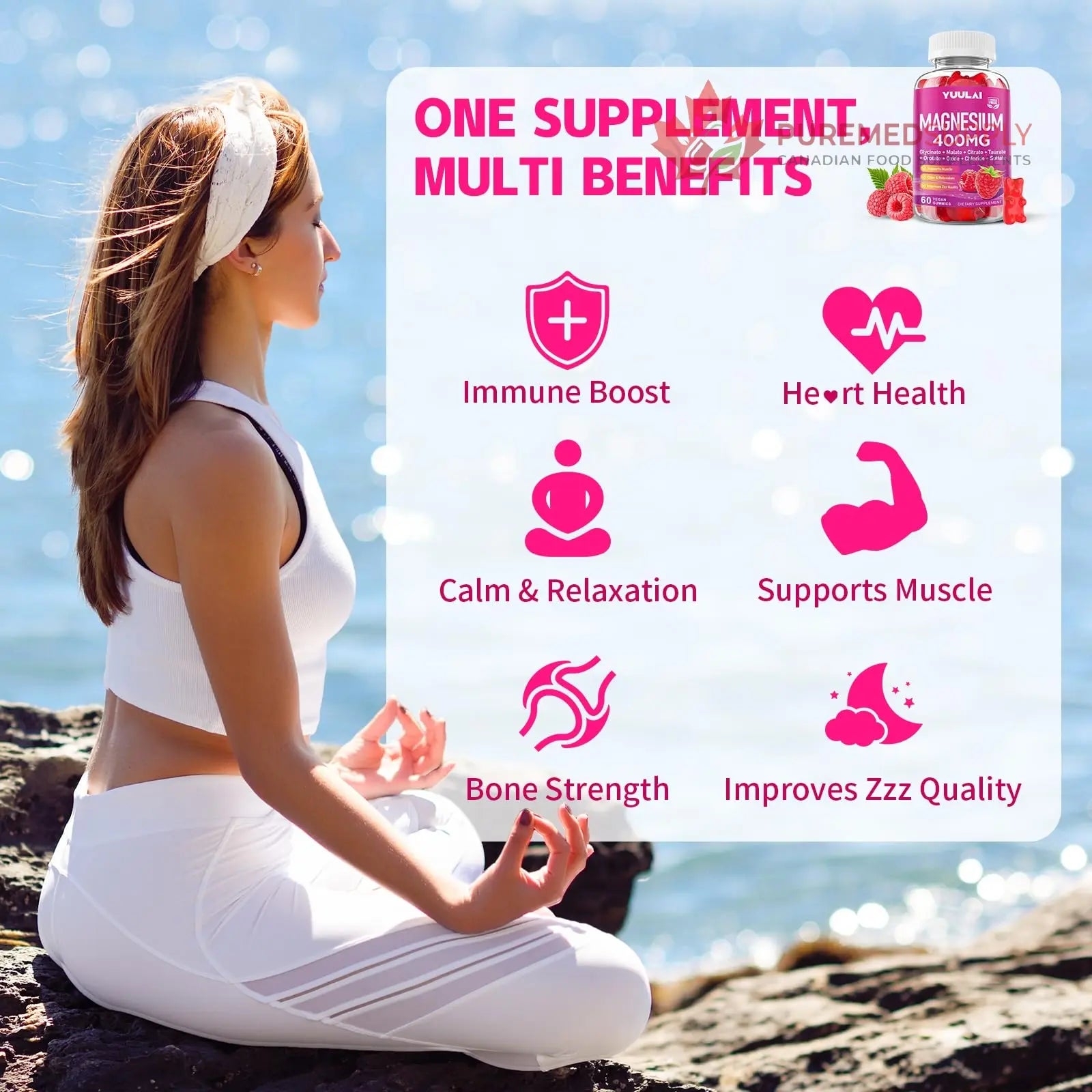Pack of 2 Magnesium Complex Gummies 400mg, Magnesium Glycinate, Malate, Citrate, Taurate, Oxide & More | w/Ashwagandha Extract, D3 & B12 for Calm, Zzz, Relaxation, Raspberry Flavor, 120 Count YUULAI buy supplements canada