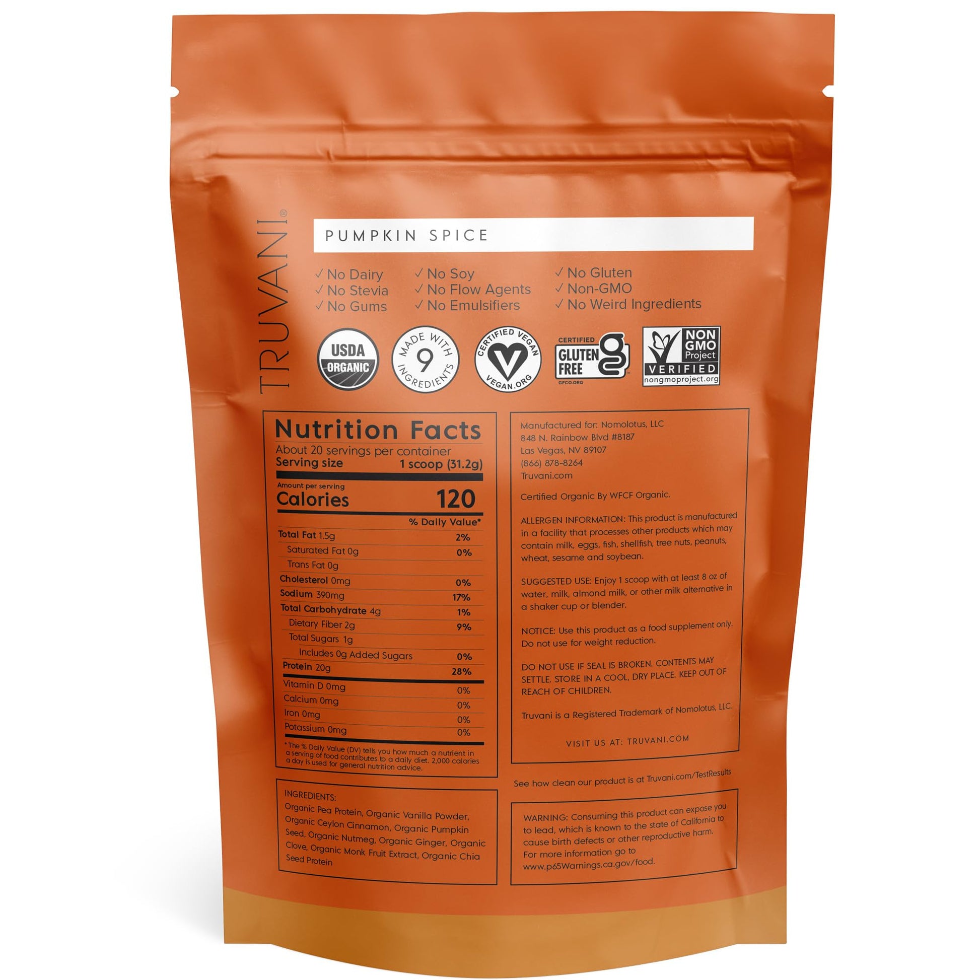 Truvani Organic Vegan Protein Powder Pumpkin Spice - 20g of Plant Based Protein Truvani buy supplements canada
