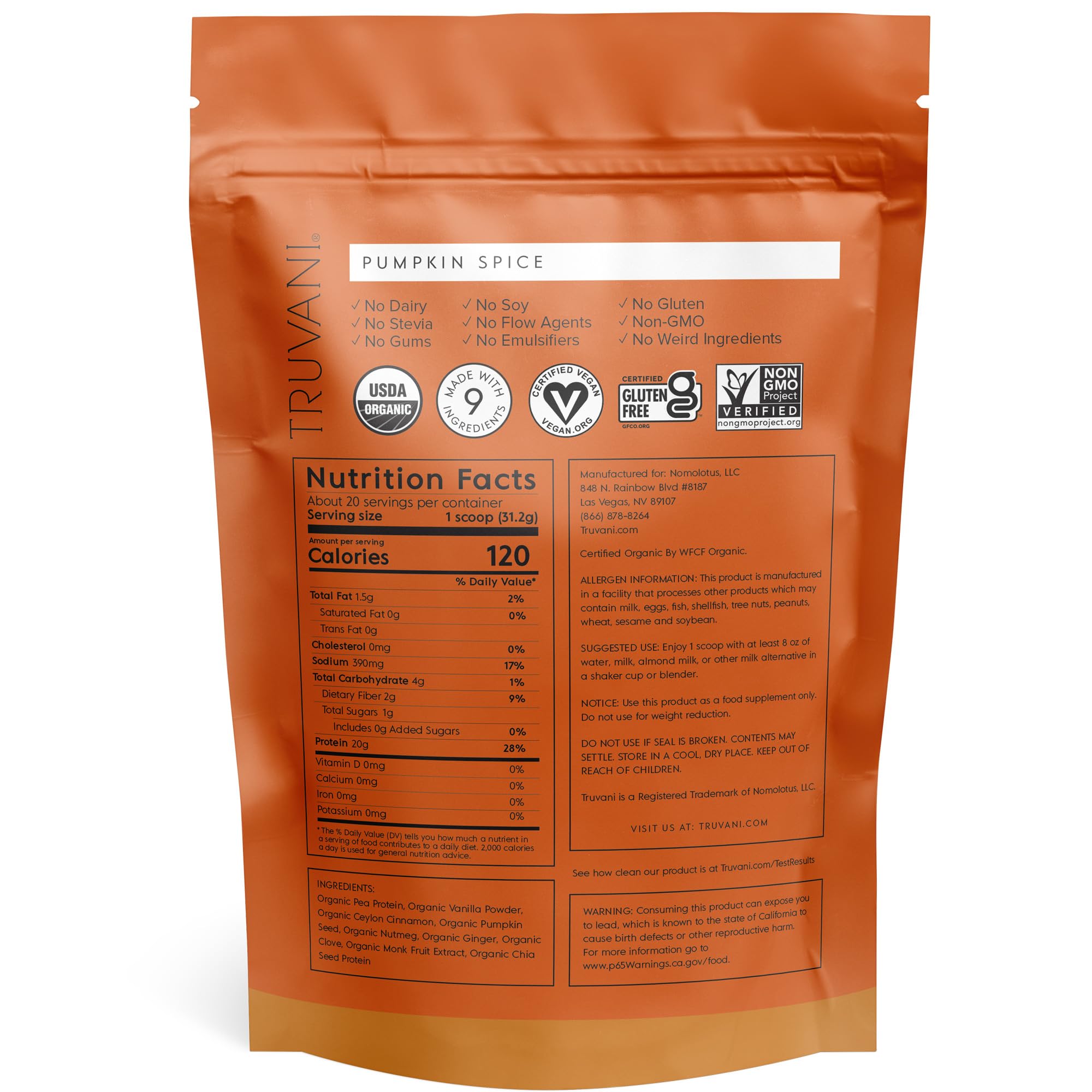 Truvani Organic Vegan Protein Powder Pumpkin Spice - 20g of Plant Based Protein Truvani buy supplements canada
