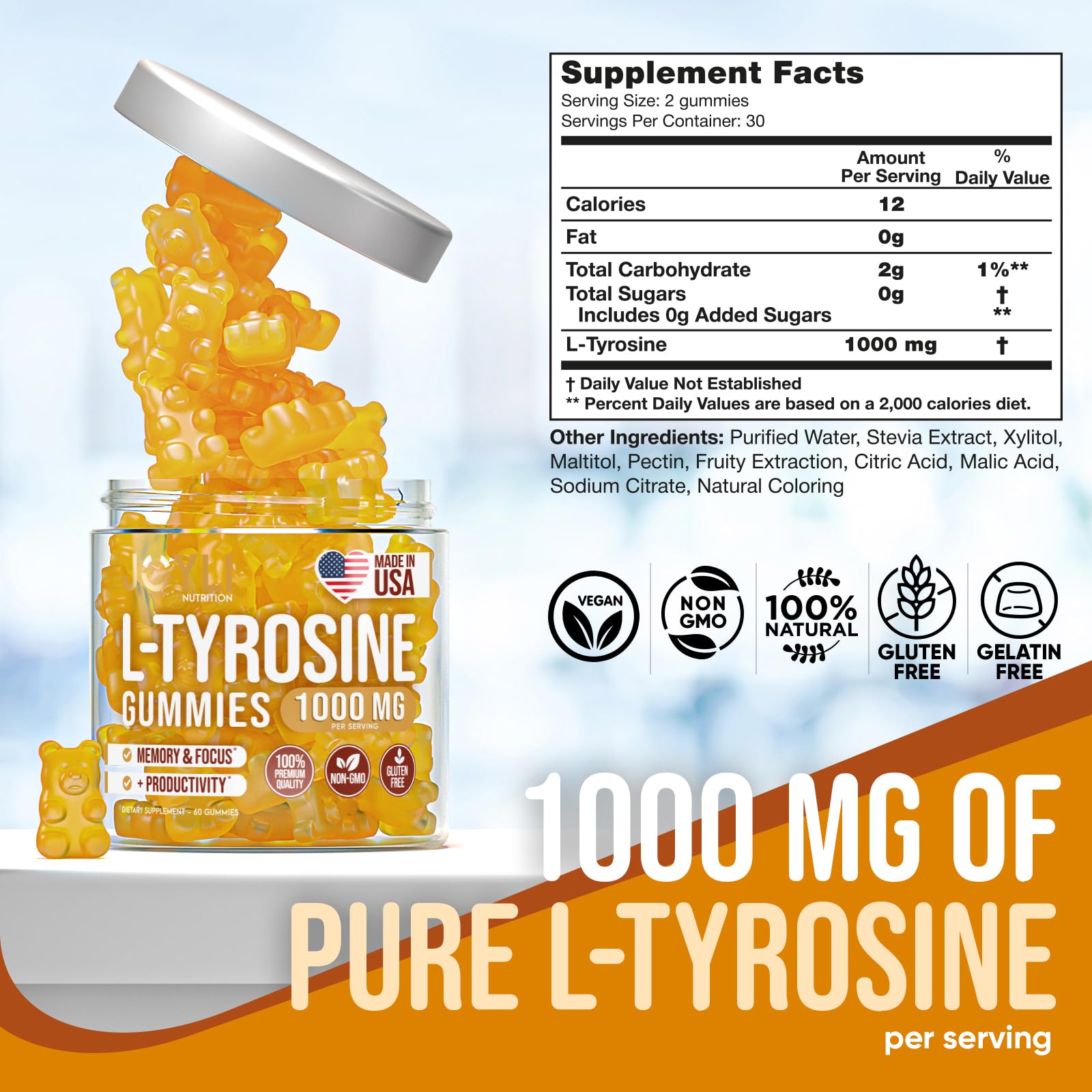 Joyli L Tyrosine Gummies 1000MG - L-Tyrosine Supplement for Kids & Adults - Calm & Focus Gummies for Brain, Memory, Mood, and Energy - 500mg L- Tyrosine Powder per Gummy - Vegan, Gluten-Free JOYLI Nutrition buy supplements canada