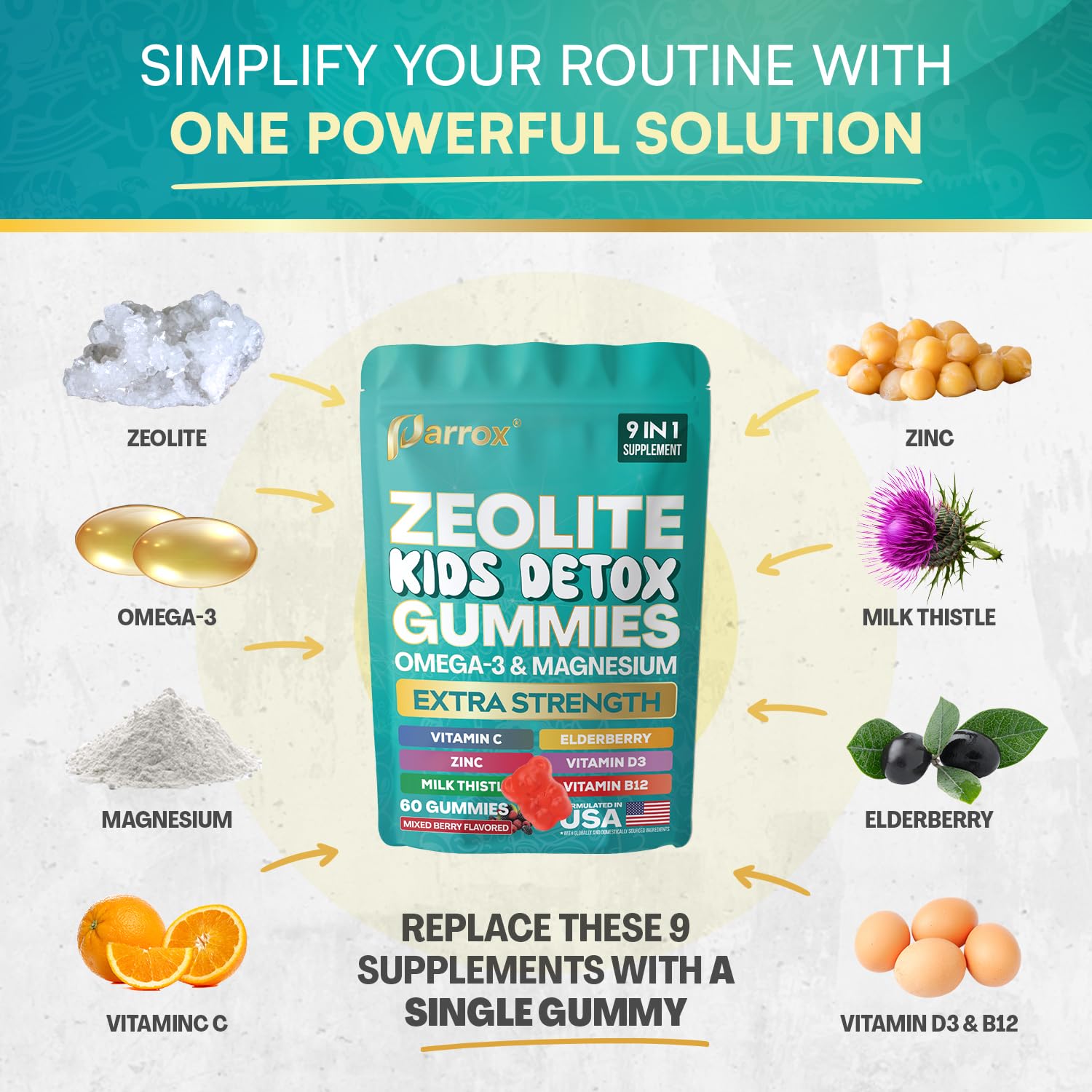 Parrox Zeolite Kids Gummies, 9-in-1 with Zeolite, Omega-3, Magnesium, Elderberry, Vitamin C, Milk Thistle, Vitamin D3, Zinc, B12 – Sugar-Free Parrox buy supplements canada