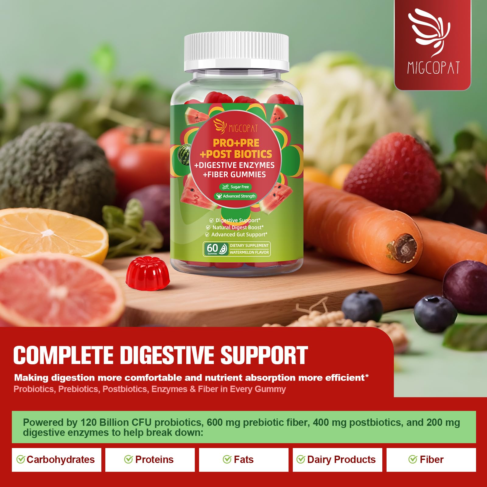 Migcopat Pre Post Probiotics Gummies, Probiotic Prebiotic Postbiotic Digestive Enzymes with Fiber, 120 Billion CFU Probiotics - Digestive Health Migcopat buy supplements canada