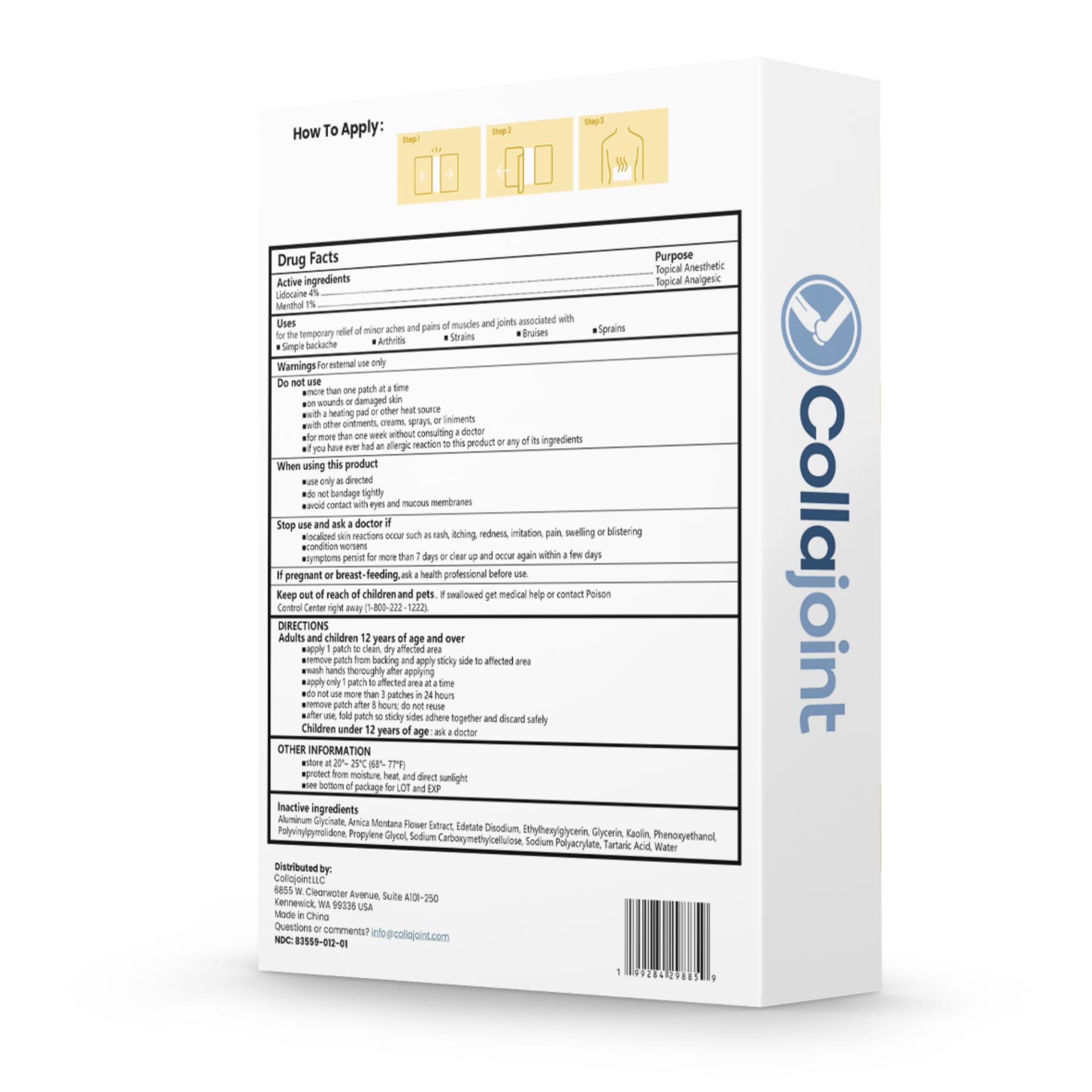Collajoint Maximum-Strength Lidocaine 4% & Menthol 1% Hydrogel Pain Relief Patch with Arnica Montana Flower Extract-Temporary Numbing & Cooling Relief for Sore Muscles, Stiff Joints & Arthritis Collajoint buy supplements canada