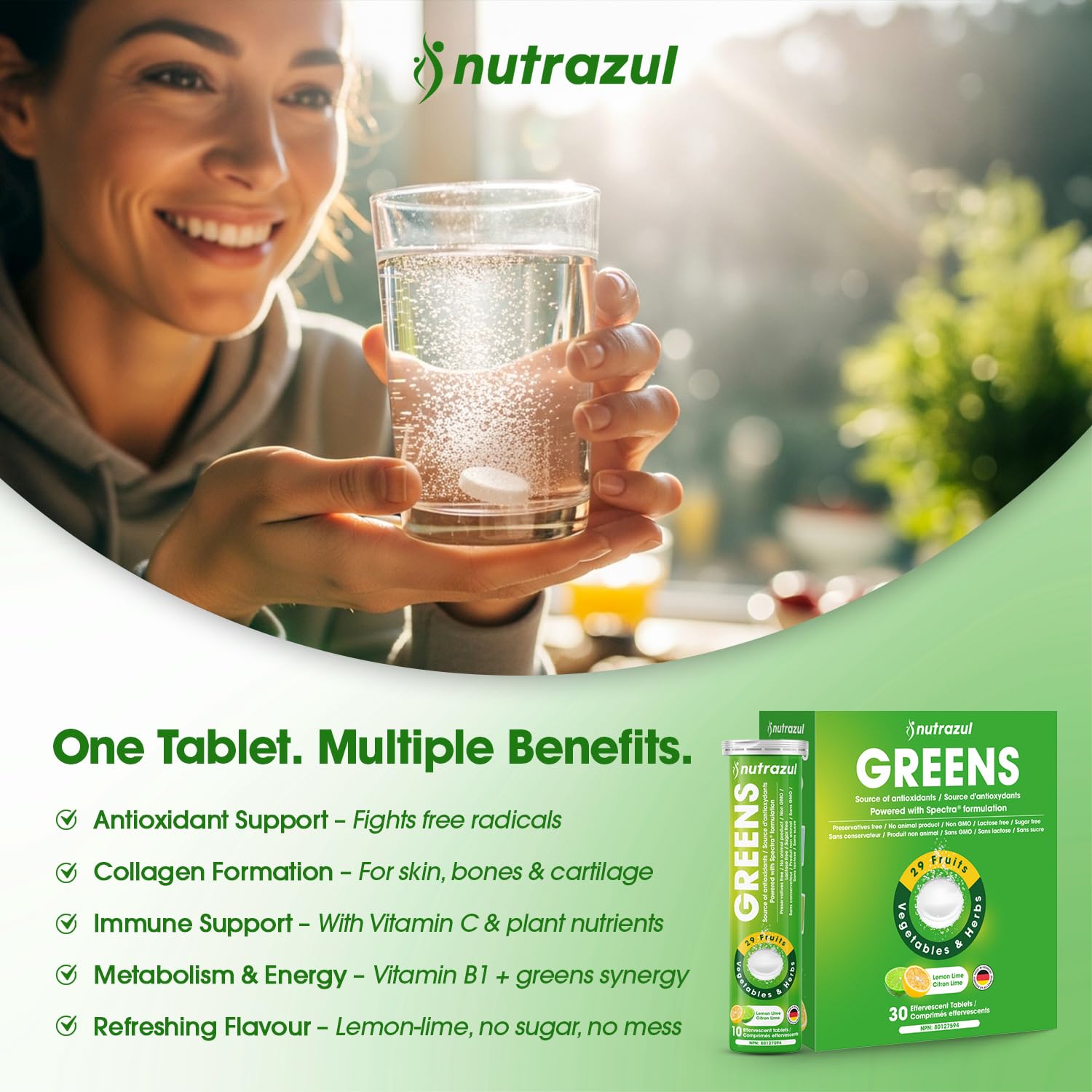 nutrazul Greens Effervescent Tablets - Daily Super Greens Supplement with 29 Superfoods - Antioxidant & Immune Support - Lemon Lime Flavor - Non-GMO - 30 Tablets nutrazul buy supplements canada