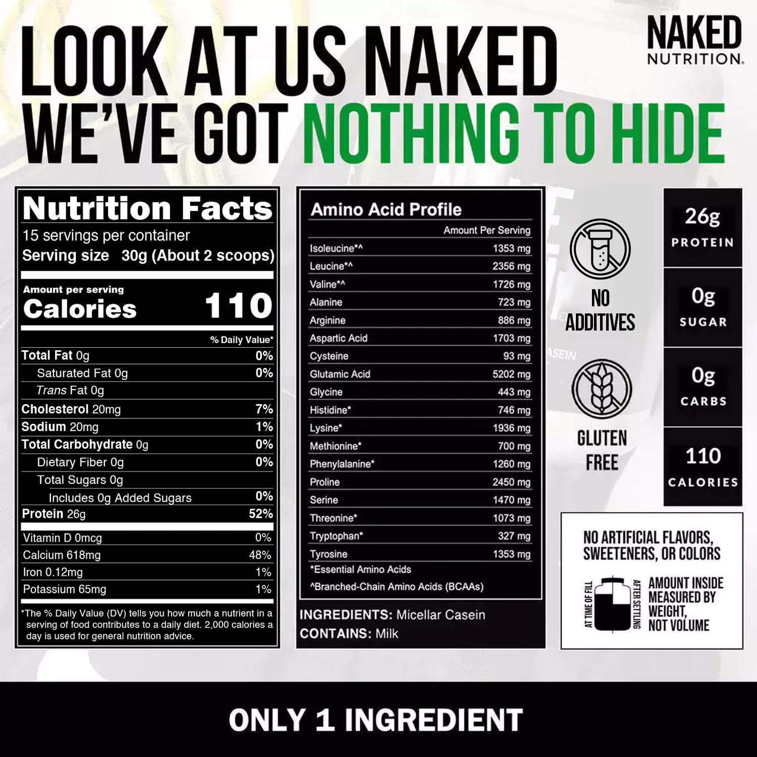 NAKED Casein - 1Lb Micellar Casein Protein - Bulk, Zero Carb, NSF Certified, GMO-Free, Gluten Free, Soy Free, Preservative Free - Stimulate Muscle Growth NAKED buy supplements canada