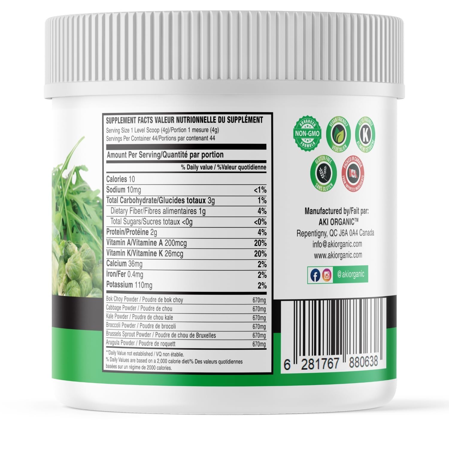AKI Cruciferous Superfood Green Mix Powder - Made from Kale, Broccoli, Brussels Sprouts, Cabbage - Packed with Essential Phytonutrients & Vitamins ((5.3oz/150g)) AKI ORGANIC buy supplements canada