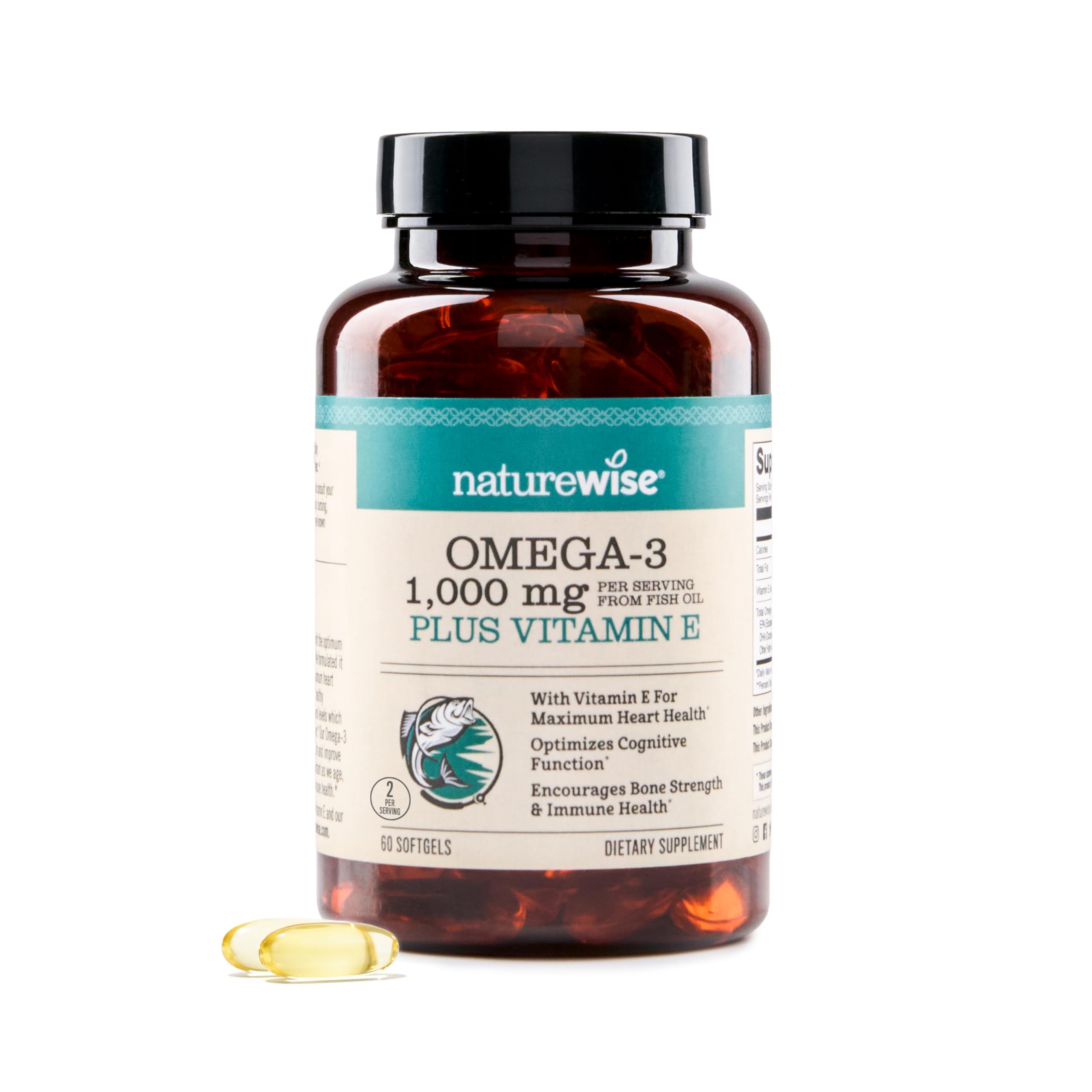NatureWise Extra-Strength Omega 3 Fish Oil Supplement - 1000mg per Serving - 600 EPA & 400 DHA and Vitamin E - Support for Heart & Brain Health
