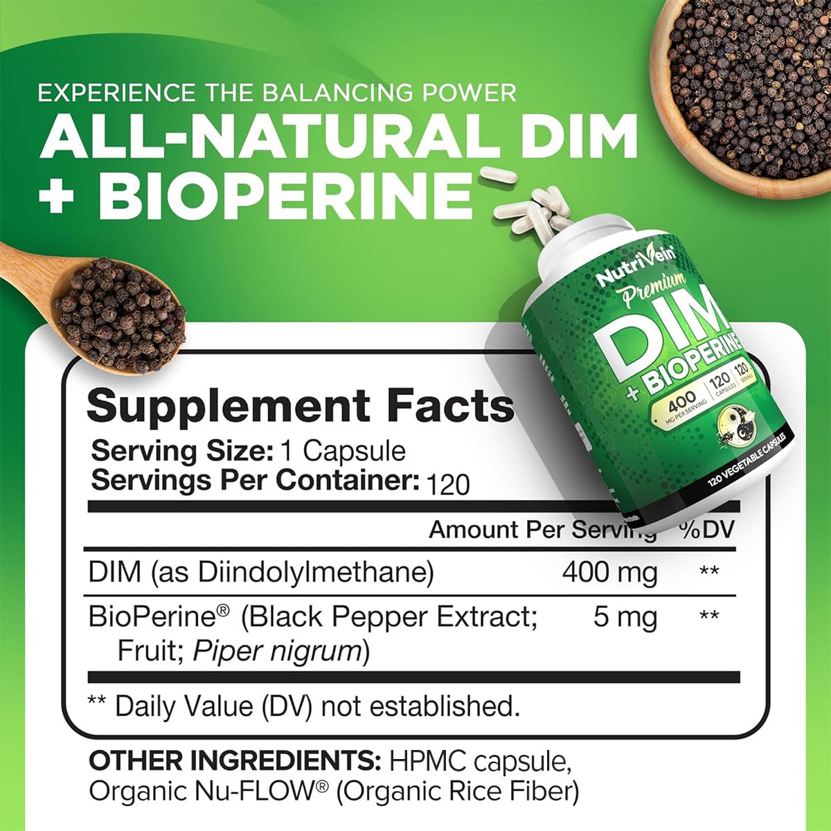 Nutrivein Premium DIM Supplement 400 mg Daily - 120 Servings (120 Capsules): Diindolylmethane for Women and Men - Plus Bioperine - Estrogen Supplement - Menopause and Middle Age Support Nutrivein buy supplements canada