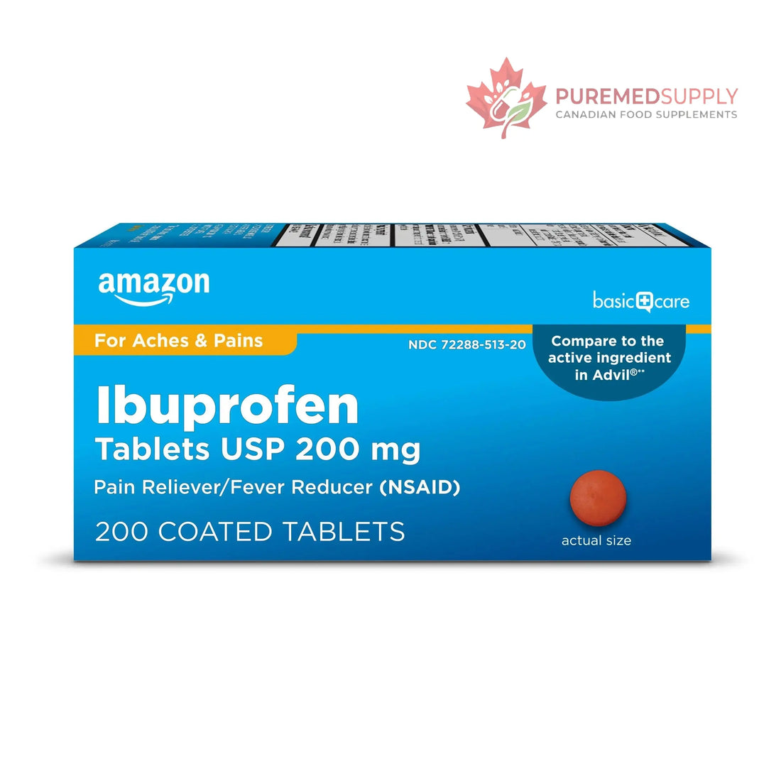 Amazon Basic Care Ibuprofen Tablets, Fever Reducer and Pain Relief from Body Aches, Headache, Arthritis Pain and More, Brown 200 Count Amazon Basic Care buy supplements canada