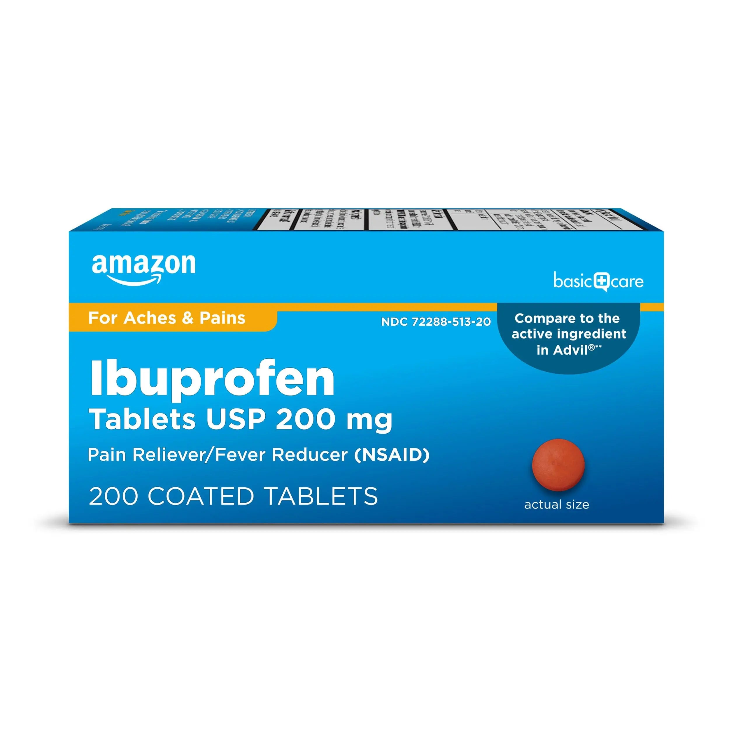 Amazon Basic Care Ibuprofen Tablets, Fever Reducer and Pain Relief from Body Aches, Headache, Arthritis Pain and More, Brown 200 Count Amazon Basic Care buy supplements canada