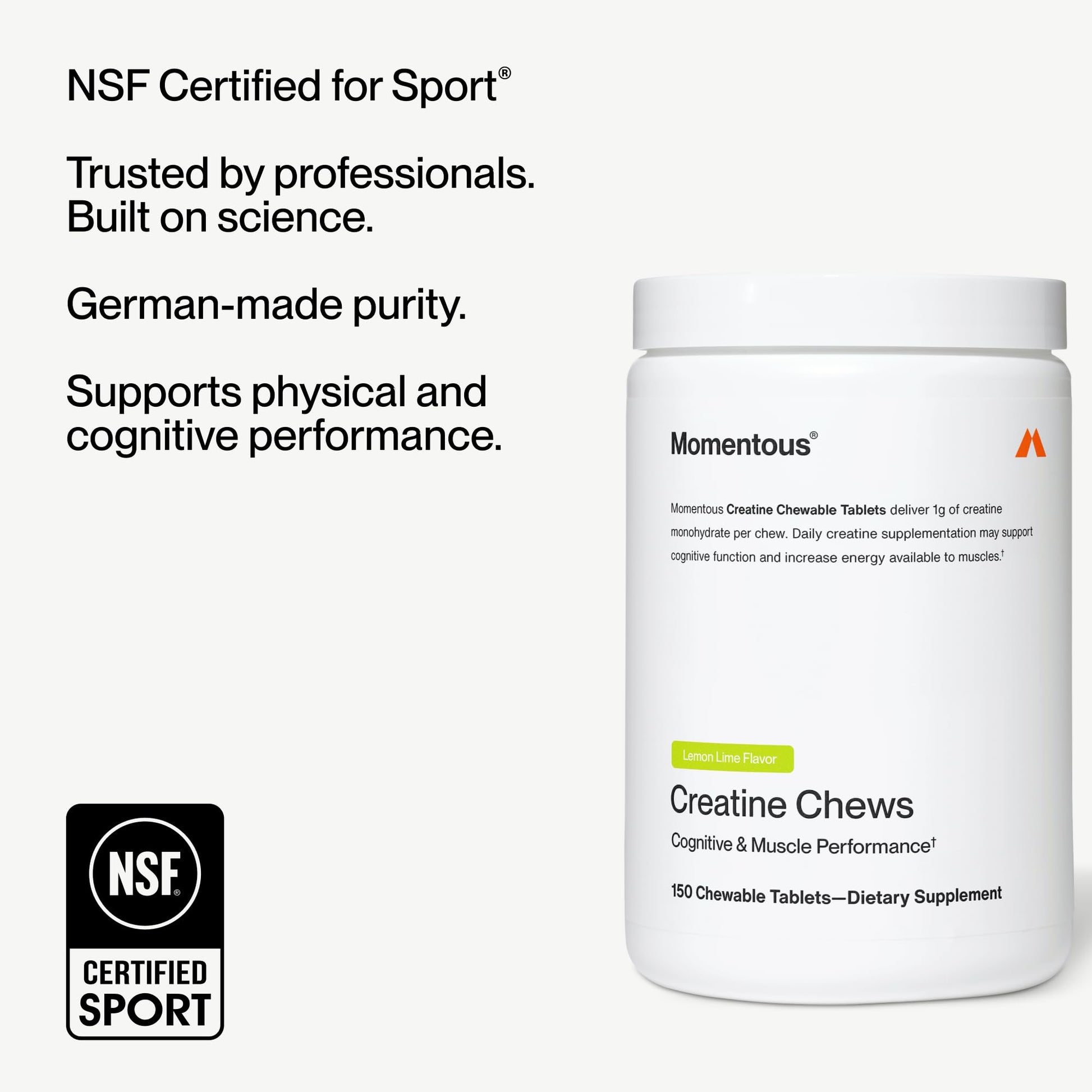 Momentous Creatine Chews - Creatine Monohydrate - Supports Strength, Lean Muscle, & Recovery for Men & Women - NSF Certified for Sport - 150 Chewable Tablets - Lemon Lime Momentous buy supplements canada