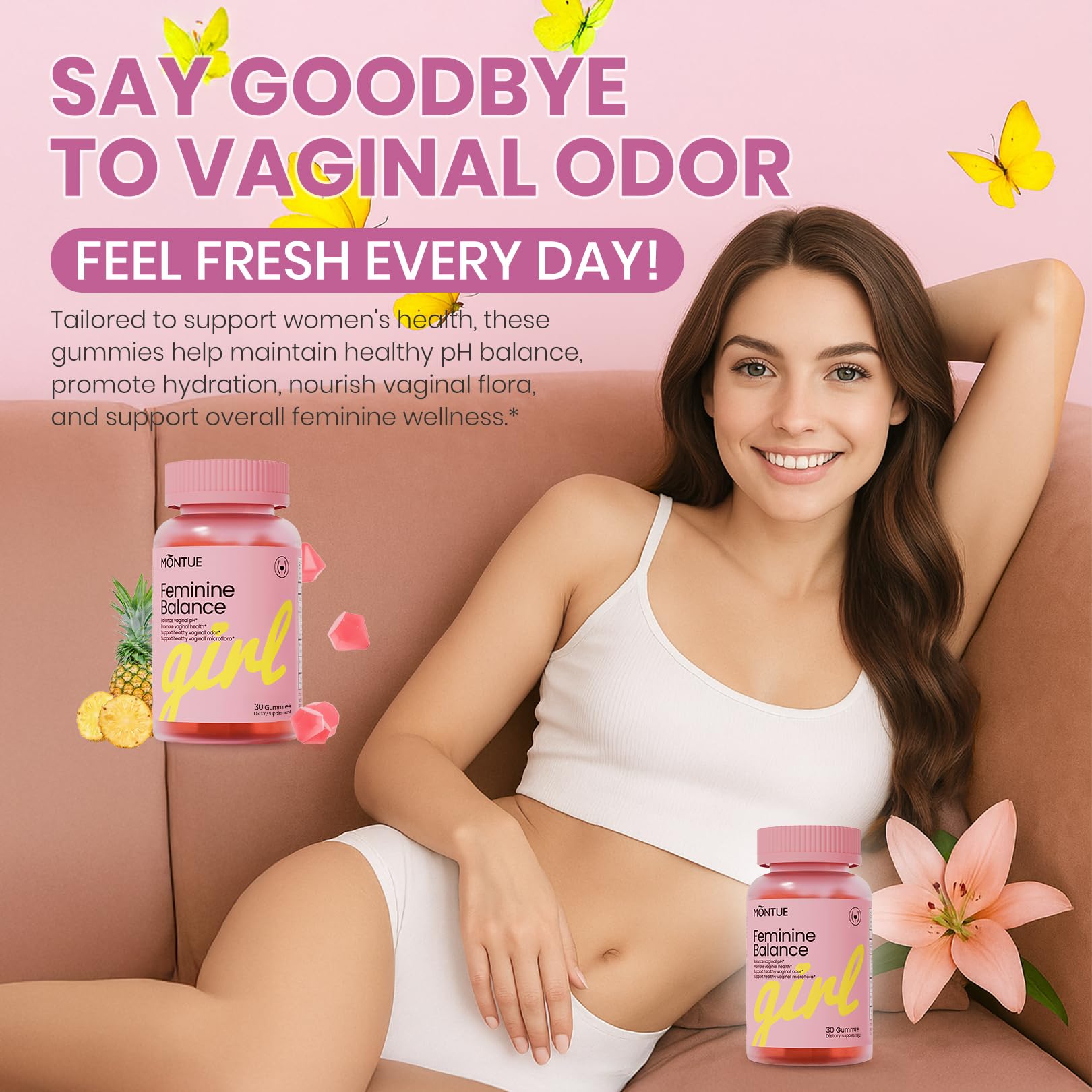Montue Premium Diamond Feminine Balance Gummies-pH Balance with Prebiotics & Lactobacillus Probiotic Blend&Hawaiian Pineapple Immune Support,Vegan& Non-GMO（30 Gummies） Montue buy supplements canada