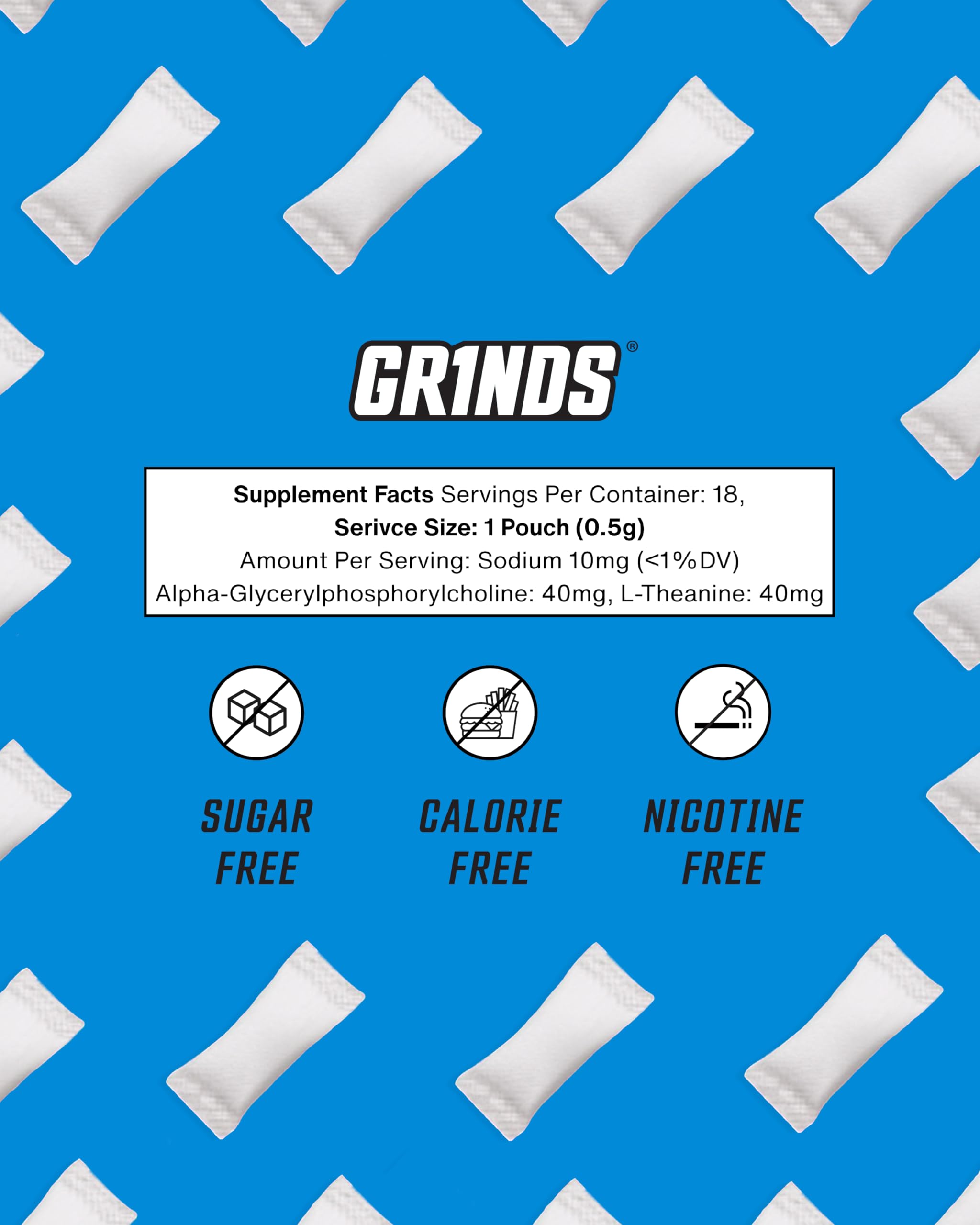 GRINDS Focus Pouches - Naturally Flavored with Nootropic Ingredients - Contains Alpha GPC and L-Theanine - Nicotine-Free, Sugar-Free - 3 Pack, 18 Pouches Per Can - Blue Raspberry GRINDS buy supplements canada