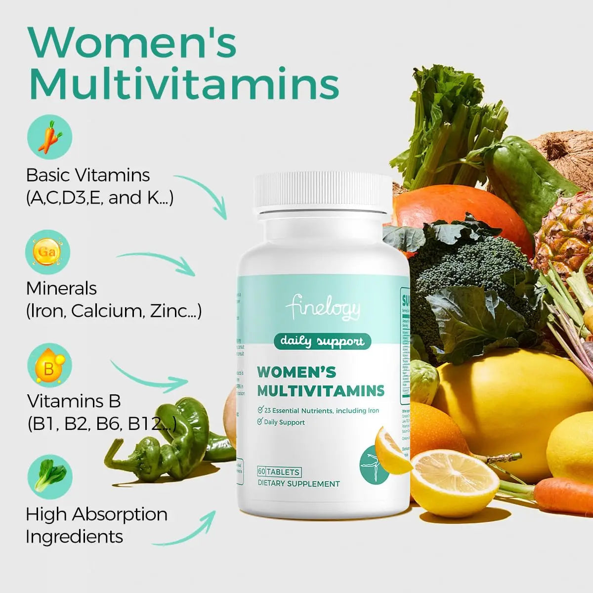 finelogy Womens Multivitamin - Essential Nutrients with Iron, Vitamins A, C, D3, K, B6 and B12 Supplements for Women’s Health, Energy Hair Skin & Nails finelogy buy supplements canada