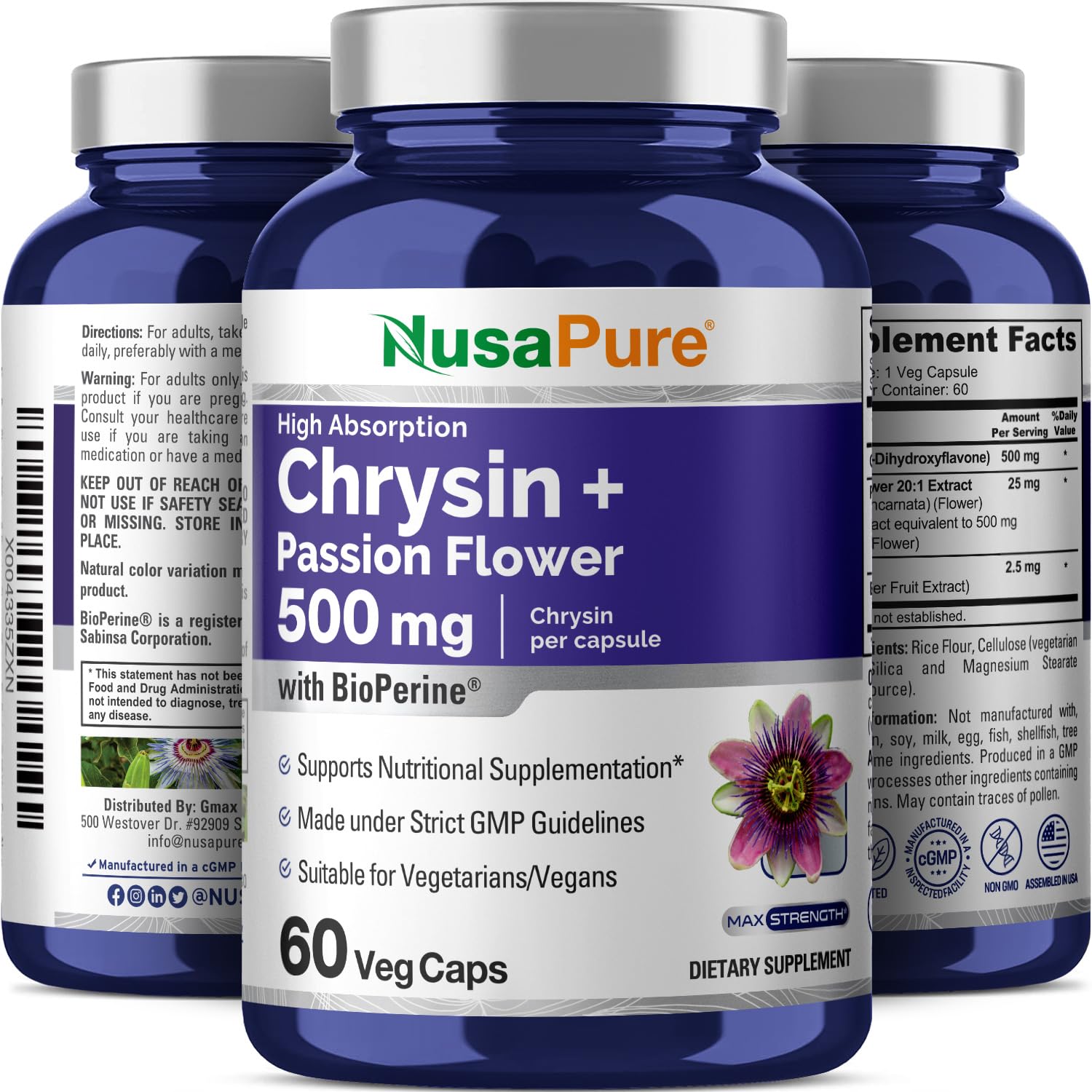 NusaPure Chrysin 500mg, 60 Veggie Capsules | Passion Flower Complex 500mg Supplement | 5, 7-Dihydroxyflavone | Concentrated Extract | Non-GMO, BioPerine & Vegan NusaPure buy supplements canada