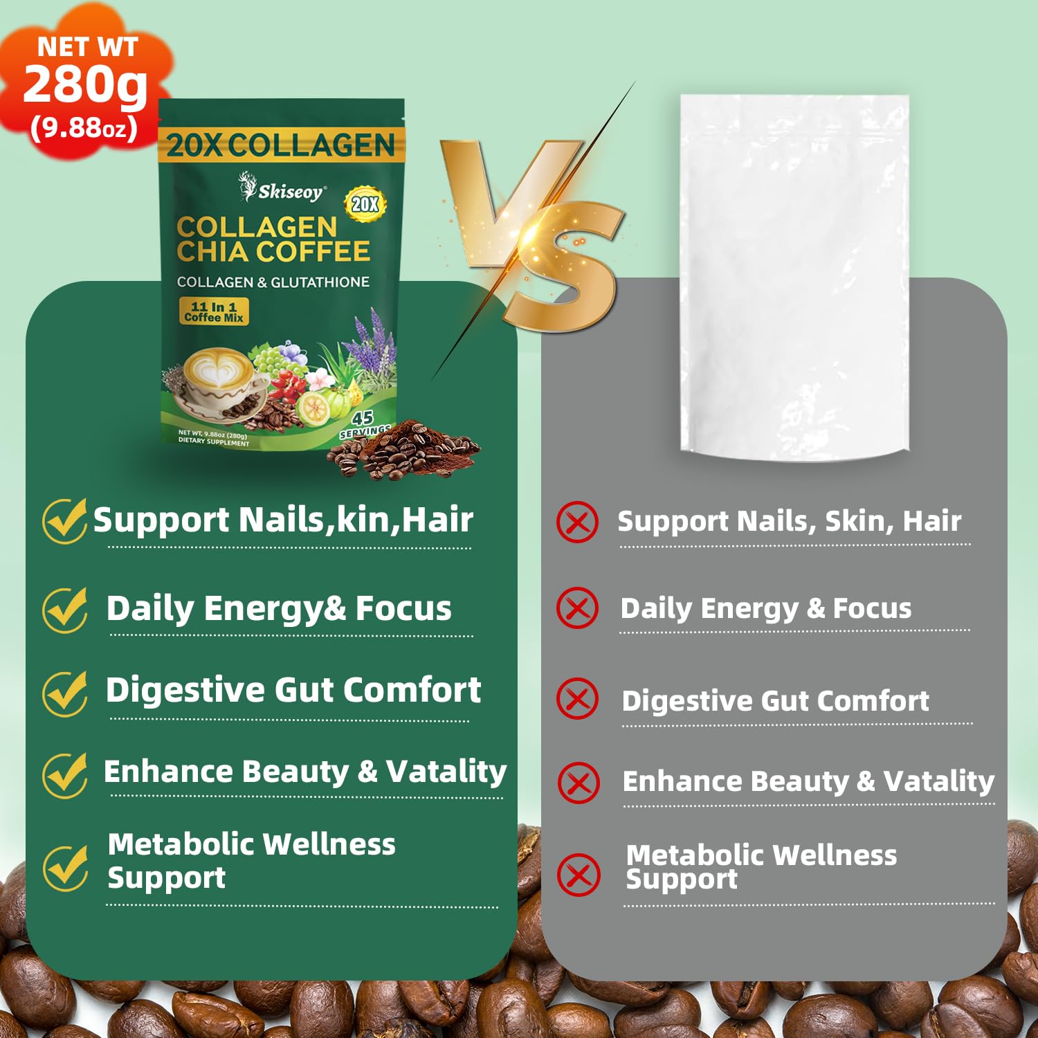 Skiseoy 20x Collagen Chia Coffee - 11-in-1 Coffee Shape Mix with L-Glutathione for Skin, Hair, Joints - Boost Energy and Focus, Vegan Friendly, 45 Servings Skiseoy buy supplements canada