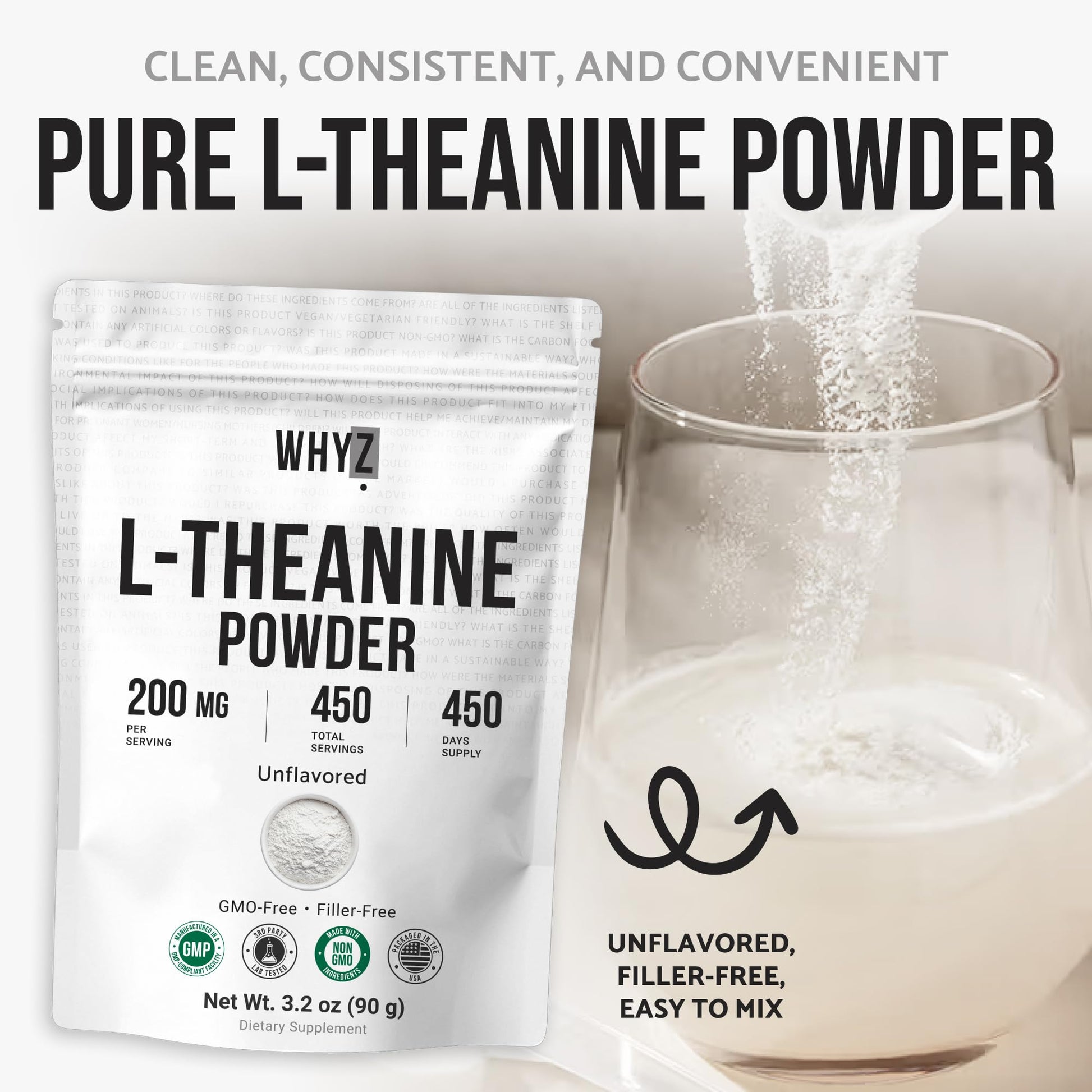 Pure L-Theanine Powder Unflavored Amino Acid Supplement Powder from Fine L-Theanine for Smooth Mixing Vegan Friendly Non-GMO No-Additives for Smoothies Drinks and Daily Nutrition Support, 3.2 oz (90g) WHYZ buy supplements canada