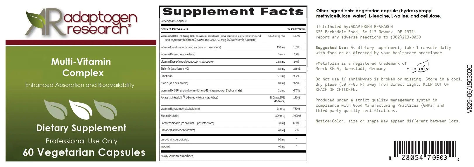 Multi-Vitamin Complex | Once Daily Multivitamin Supplement with Folate as Metafolin L-5-MTHF B12 as Methylcobalamin Vitamin A C D3 and more Adaptogen Research buy supplements canada