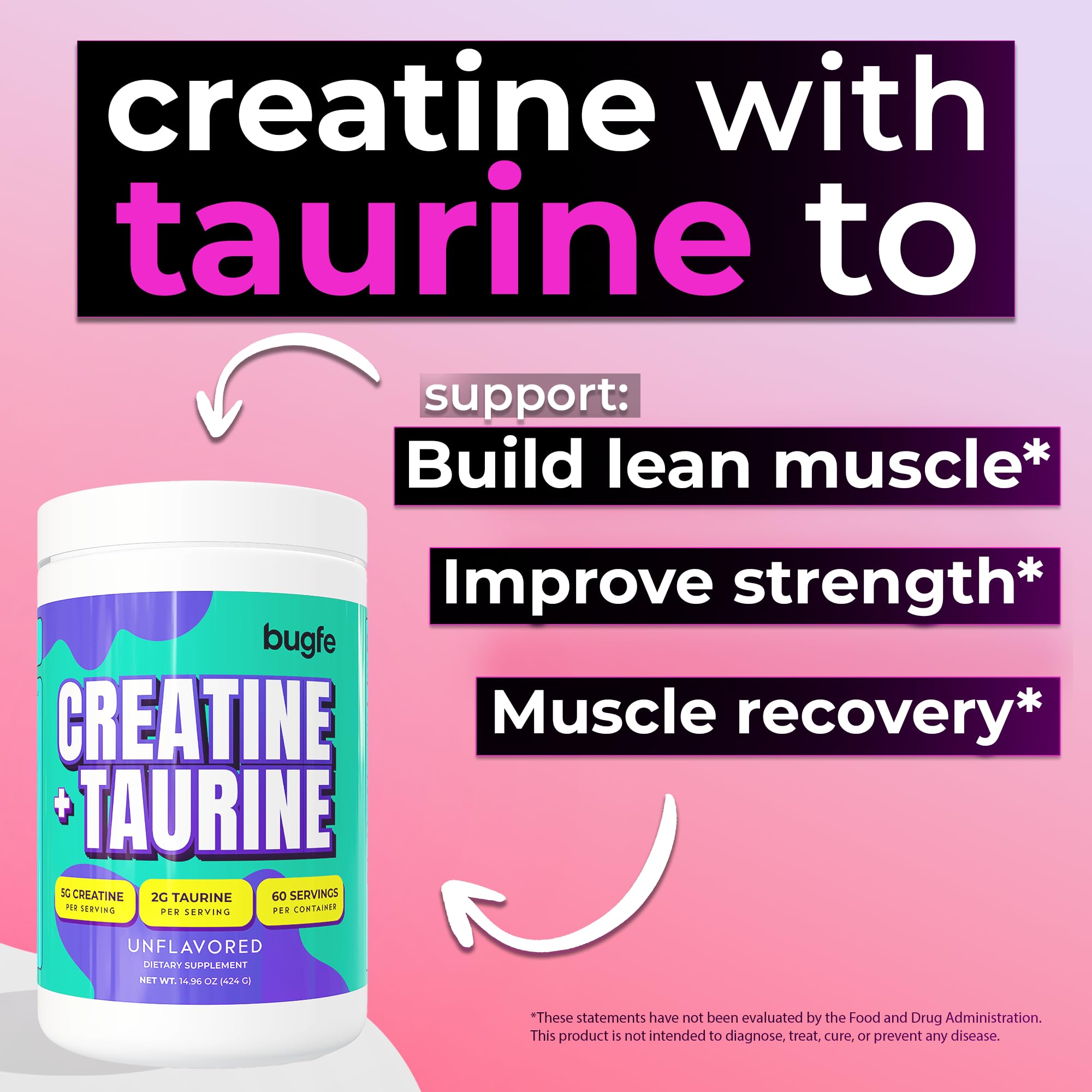 Creatine with Taurine for Women & Men - Unflavored Micronized Creatine Monohydrate Plus Taurine Powder to Support Muscle Strength, Recovery & Brain Health (60 Servings) Bugfe buy supplements canada