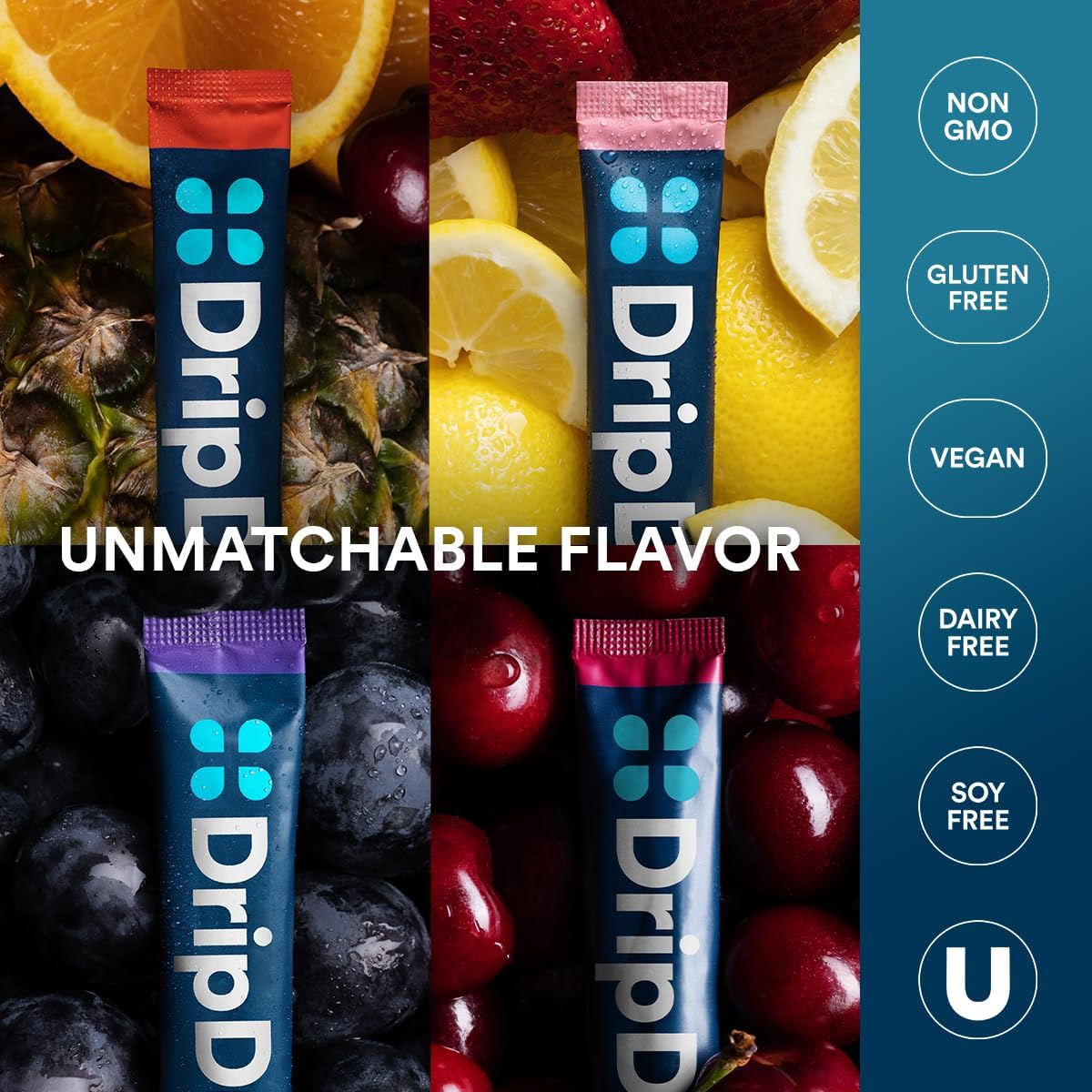 DripDrop Hydration Packets - Juicy Variety Pack - Single Serve Electrolytes Powder Drink Mix - Grape, Fruit Punch, Strawberry Lemonade, Cherry DripDrop buy supplements canada