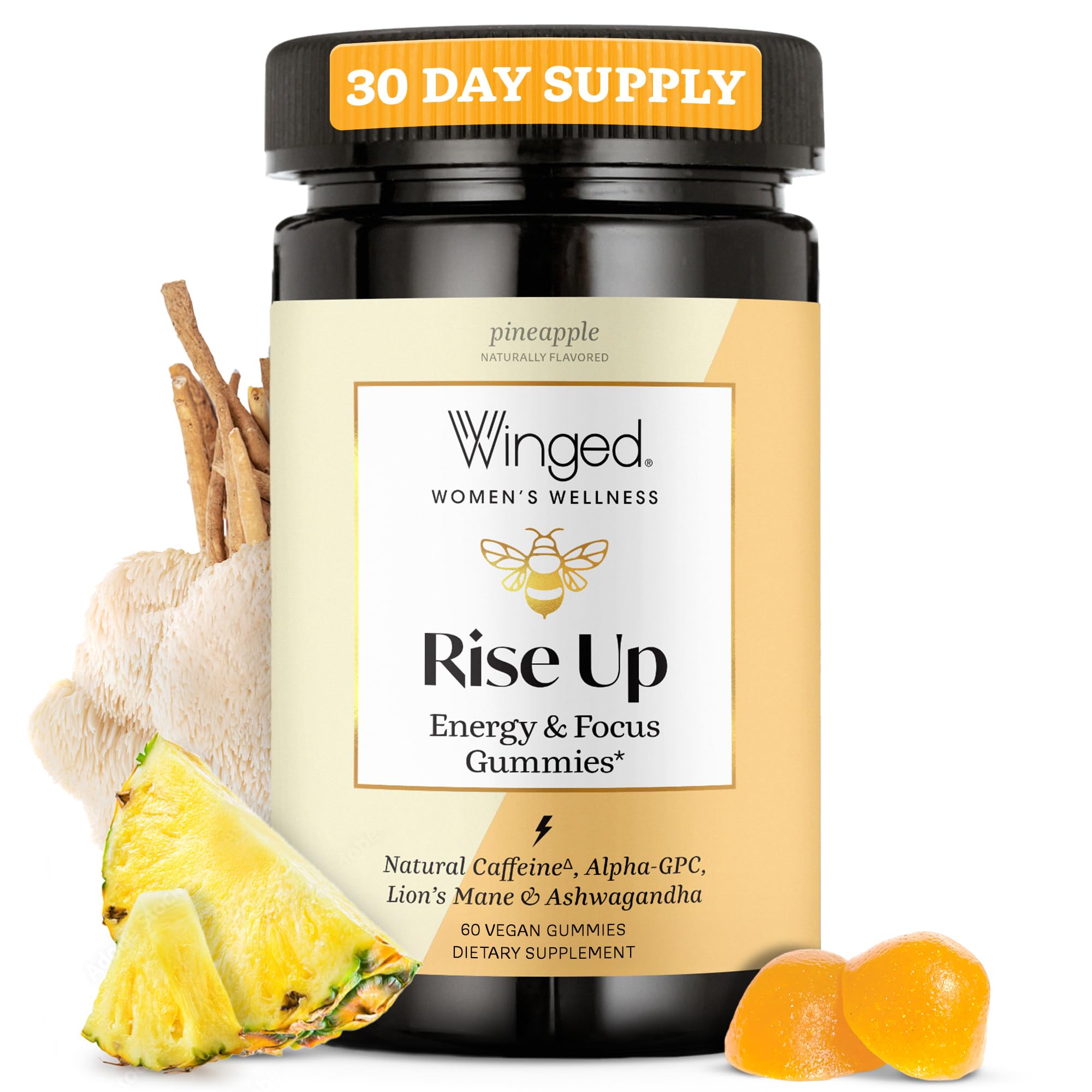 Winged Wellness Rise Up, Energy & Focus Gummies for Women - Daily Brain Boost Gummy Supplement with Natural Caffeine, Ashwagandha, B12, Nootropics Alpha-GPC & Lion’s Mane - Pineapple, 60 Gummies Winged Wellness buy supplements canada