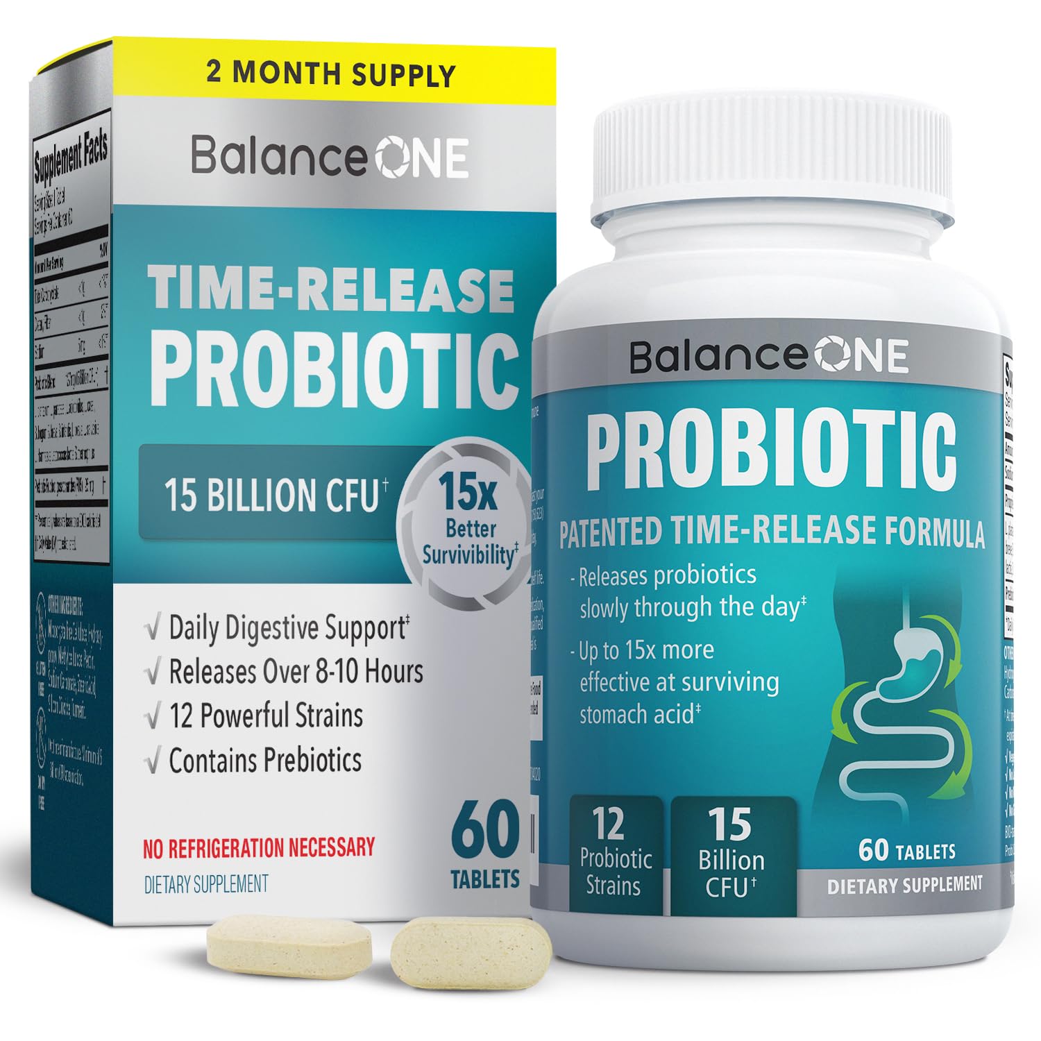 Balance ONE Time Release Probiotic – 15 Billion CFU – 12 Strains Including L. Plantarum – 15x More Survival Than Capsules – Bloating & Gas Relief – Gut & Digestive Health for Women & Men – 60 Tablets Balance ONE buy supplements canada
