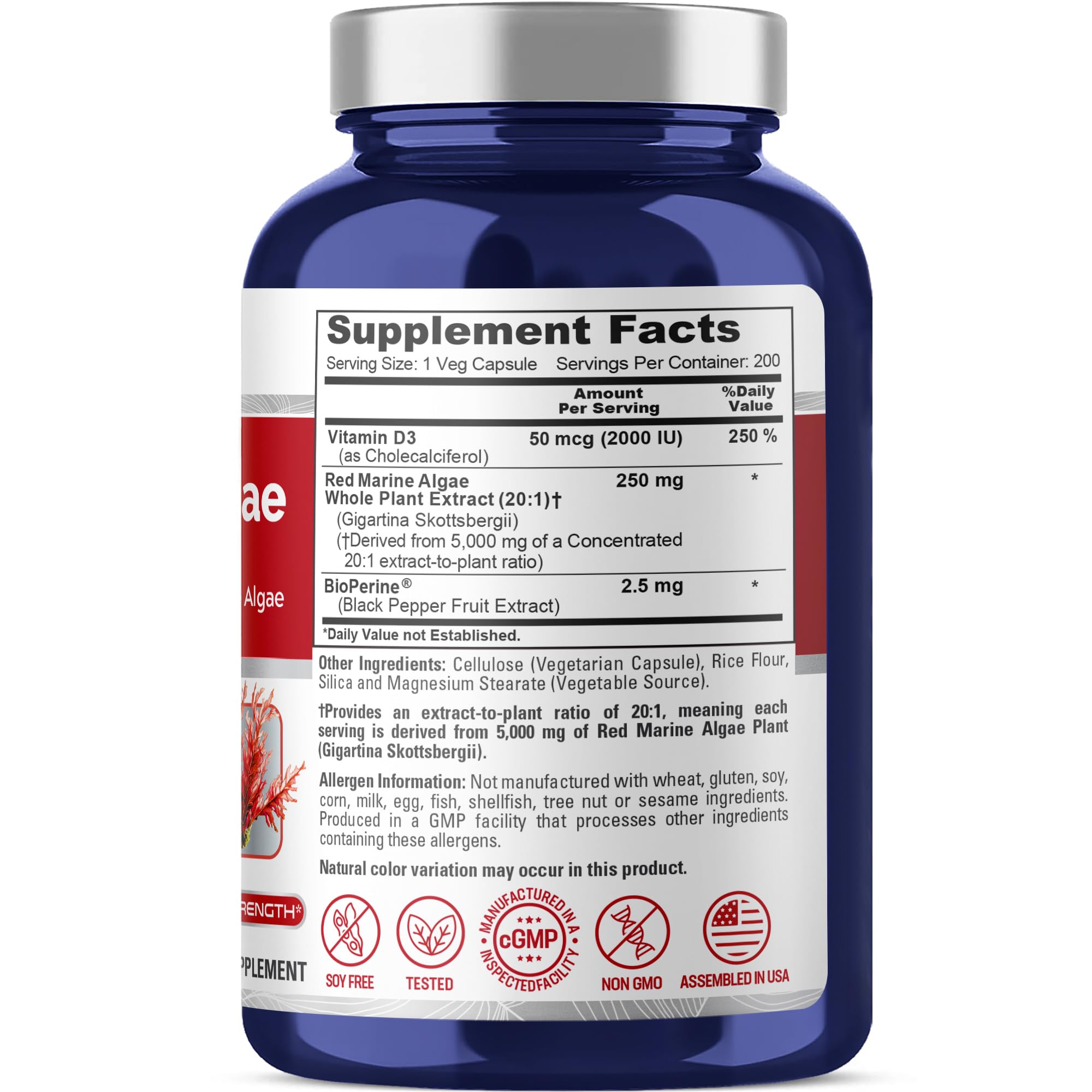 NusaPure Red Marine Algae 20:1 Extract, 250 mg Equivalent to 5,000 mg 200 Veggie Capsules (Non-GMO & Soy Free) Bioperine NusaPure buy supplements canada