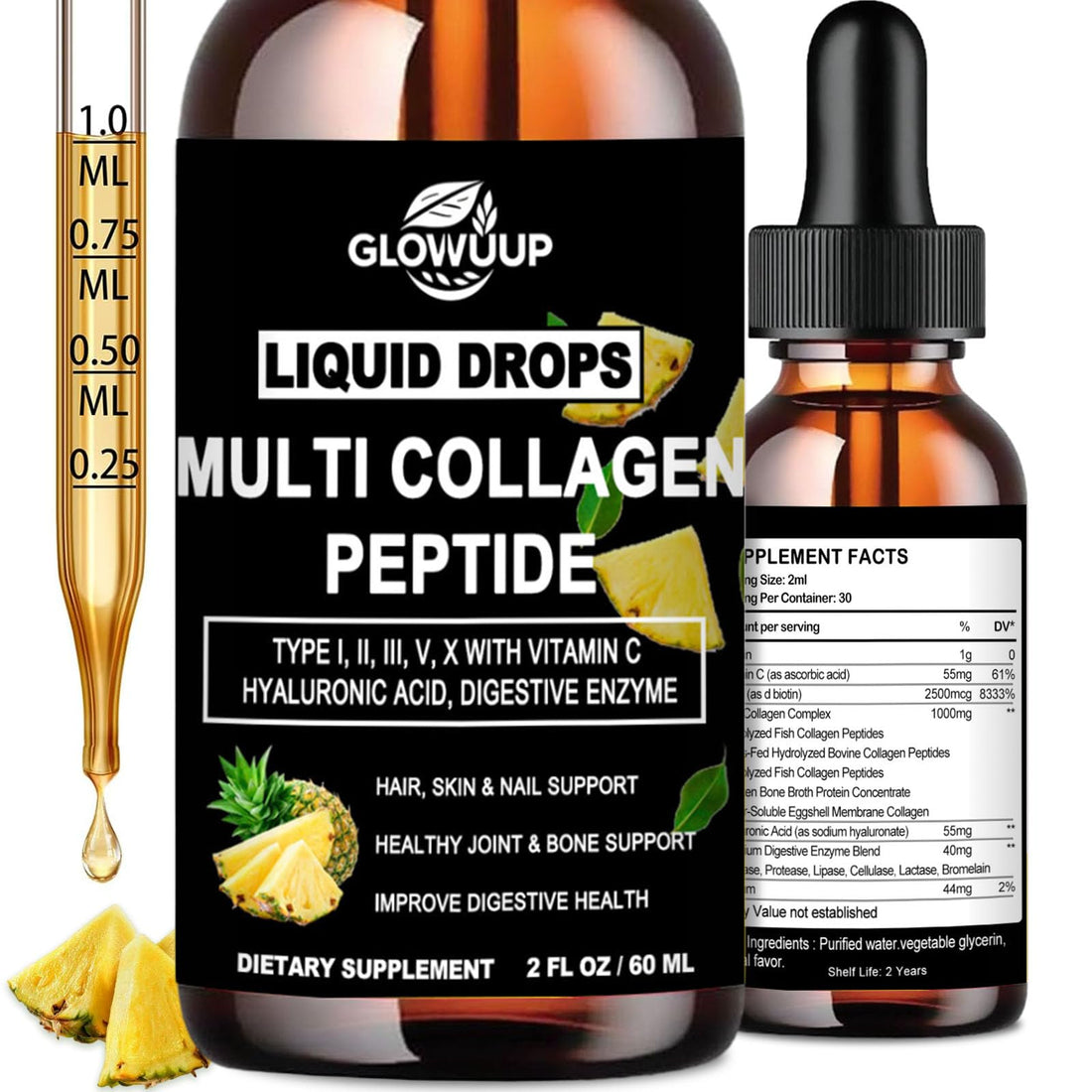 Multi Collagen Peptides Liquid Drops for Women & Men-Type I, II, III, V, X丨Hydrolyzed Collagen Peptides, Collagen Proteins W. Hyaluronic Acid, Biotin & Vitamin C for Hair Skin & Joint Gut Health GLOVVUUP buy supplements canada
