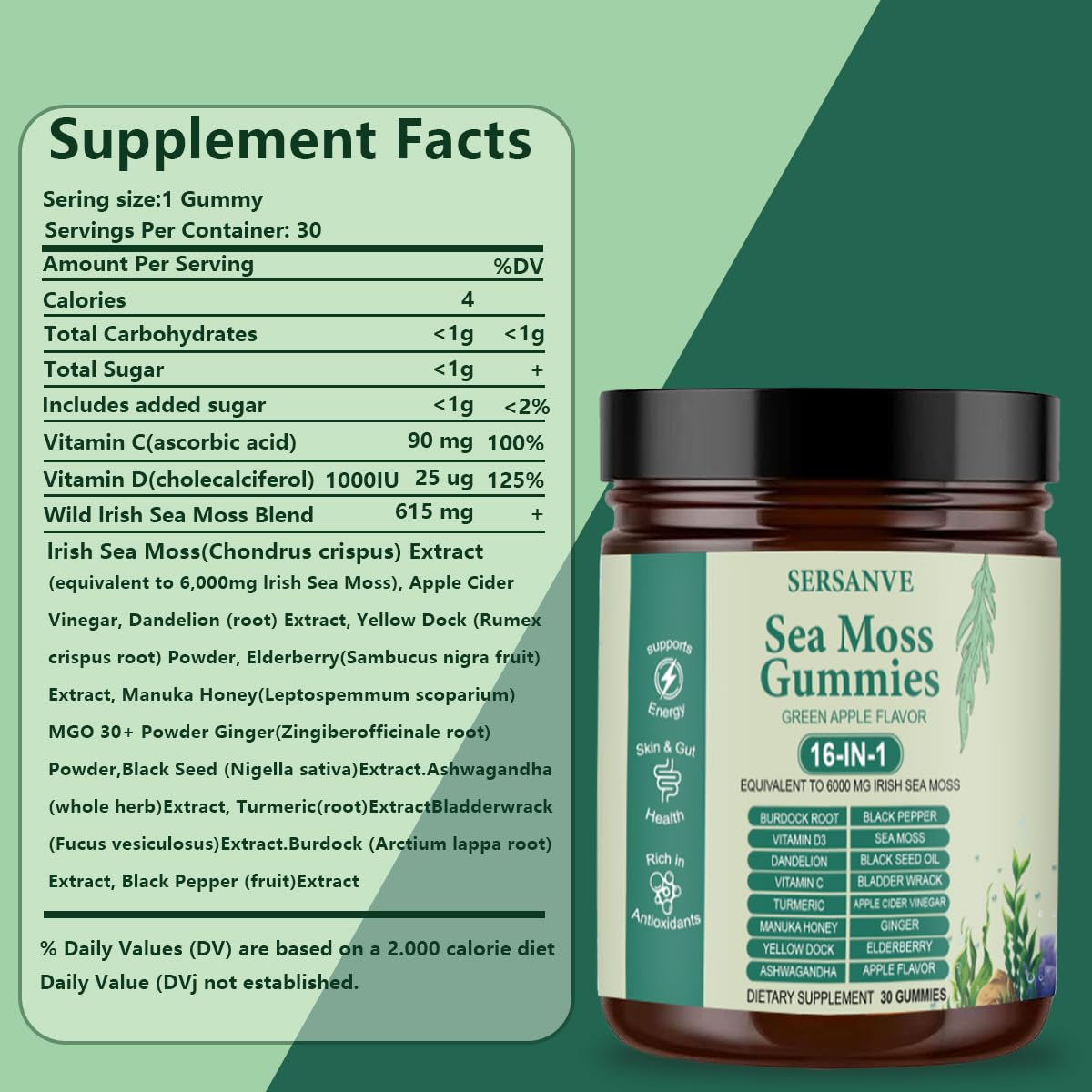 Sea Moss Gummies 16-in-1, with Black Seed Oil, Ashwagandha & Elderberry | Organic Irish Sea Moss Supplement for Men & Women | Daily Support with Manuka, Burdock Root & Vitamins C & D3, 30 Gummies SERSANVE buy supplements canada