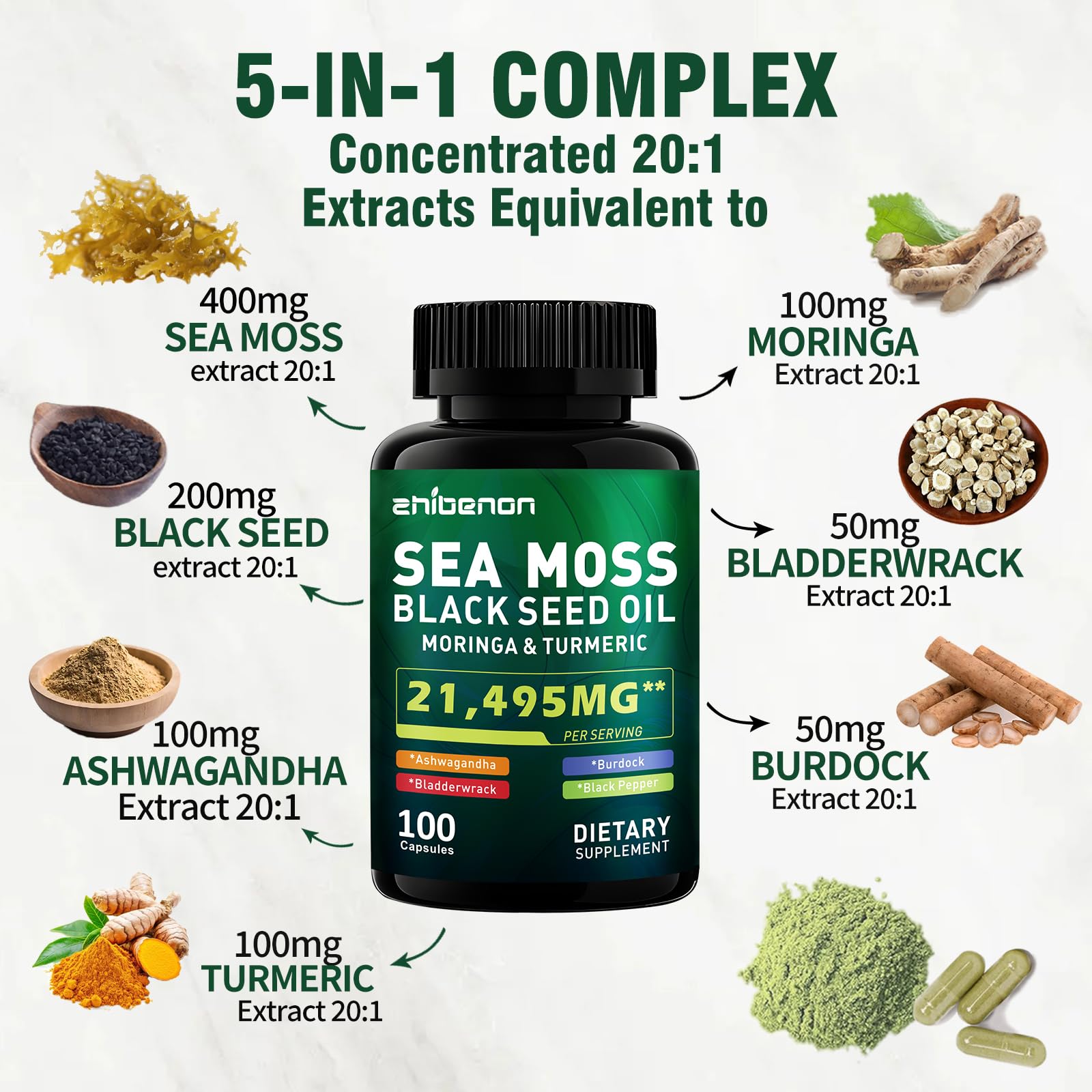 Zhibenon Sea Moss Capsules with Bladderwrack & Burdock - 50 Day Supply - Powerful Formula with Black Seed Oil, Ashwagandha, Turmeric, Vitamin C, Vitamin D3, Moringa & Black Pepper Extract Zhibenon buy supplements canada