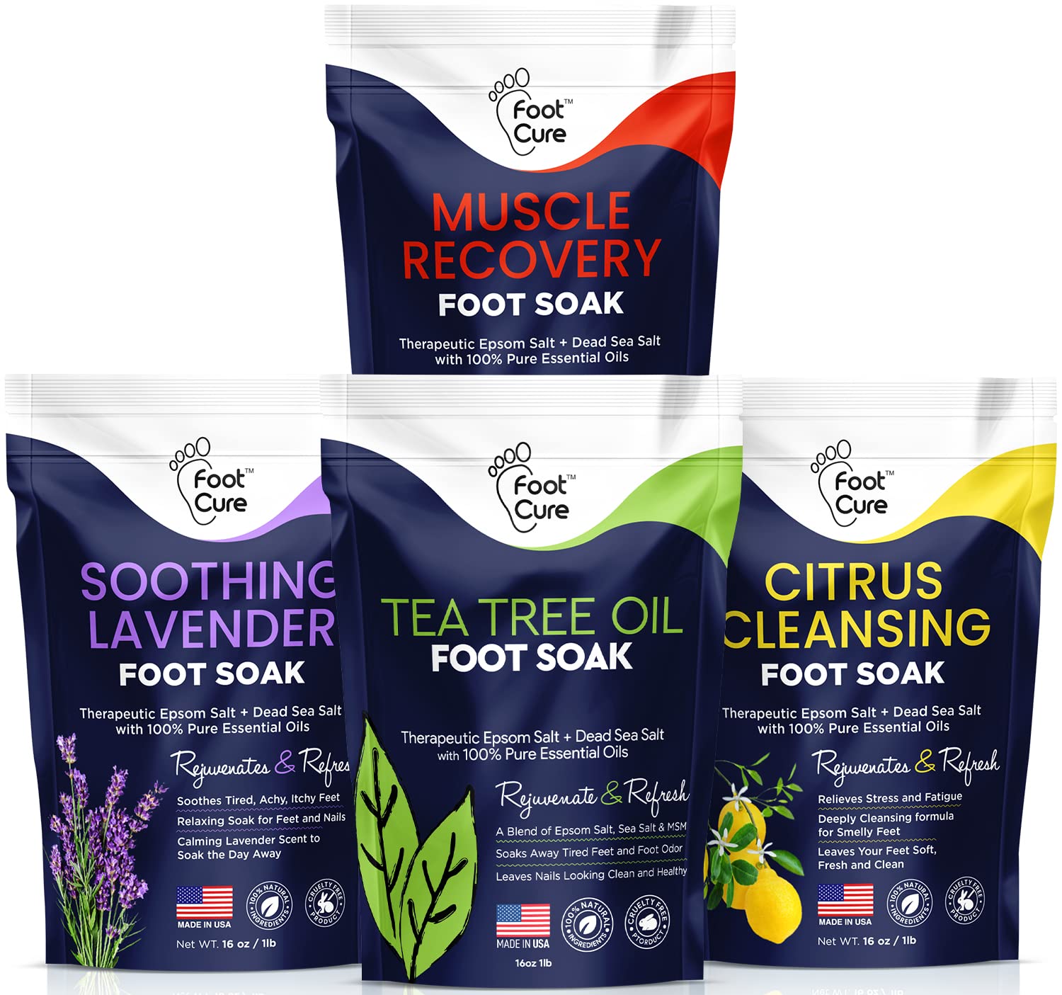 Foot Soak with Epsom Salts- Variety Pack of 4- Tea Tree Oil, Muscle Relief, Calming FOOT CURE buy supplements canada
