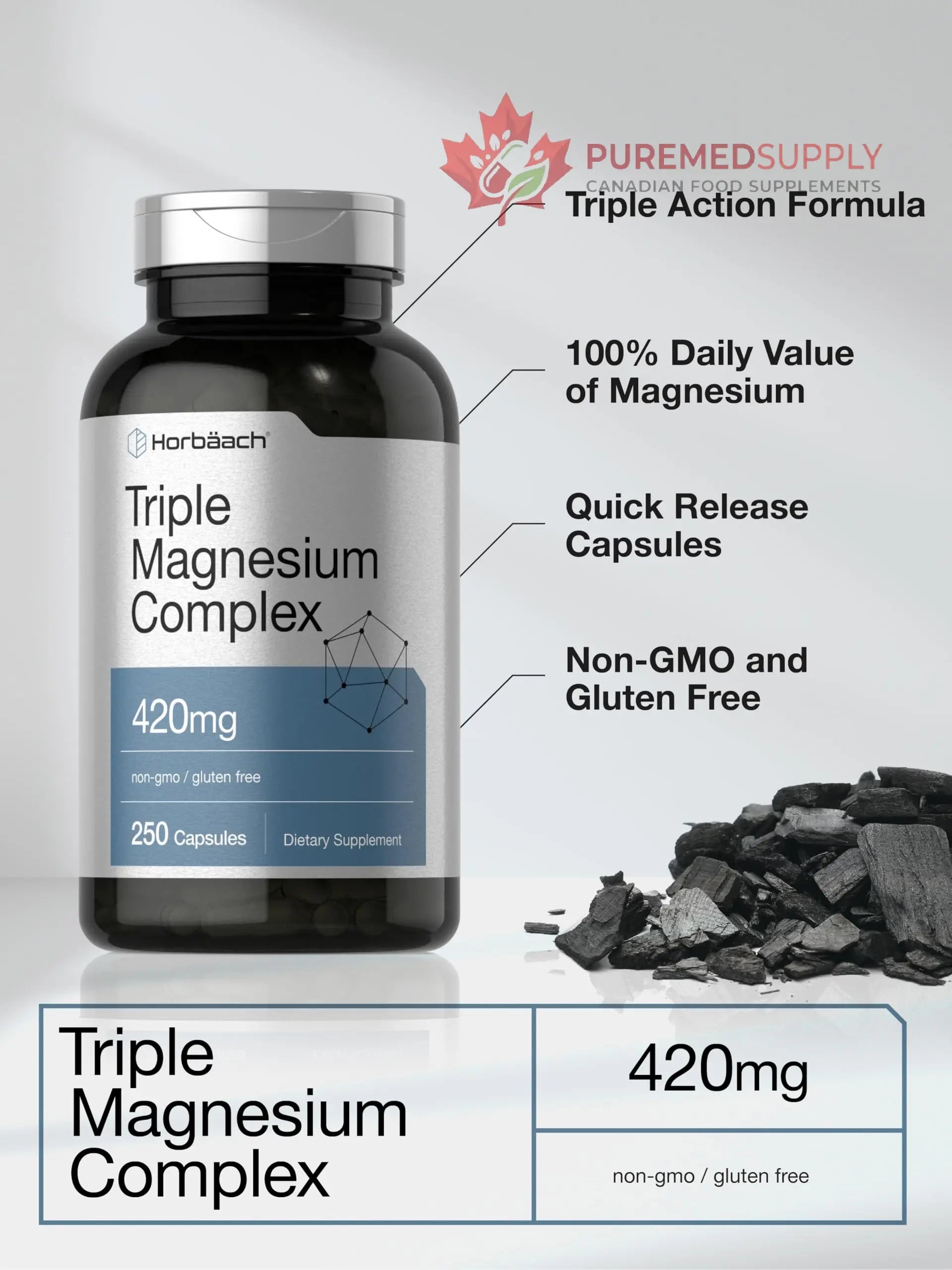Horbäach Triple Magnesium Complex | 420 mg | 250 Capsules | Non-GMO and Gluten Free Formula | Magnesium Oxide, Citrate, and Aspartate Dietary Supplement Horbäach buy supplements canada