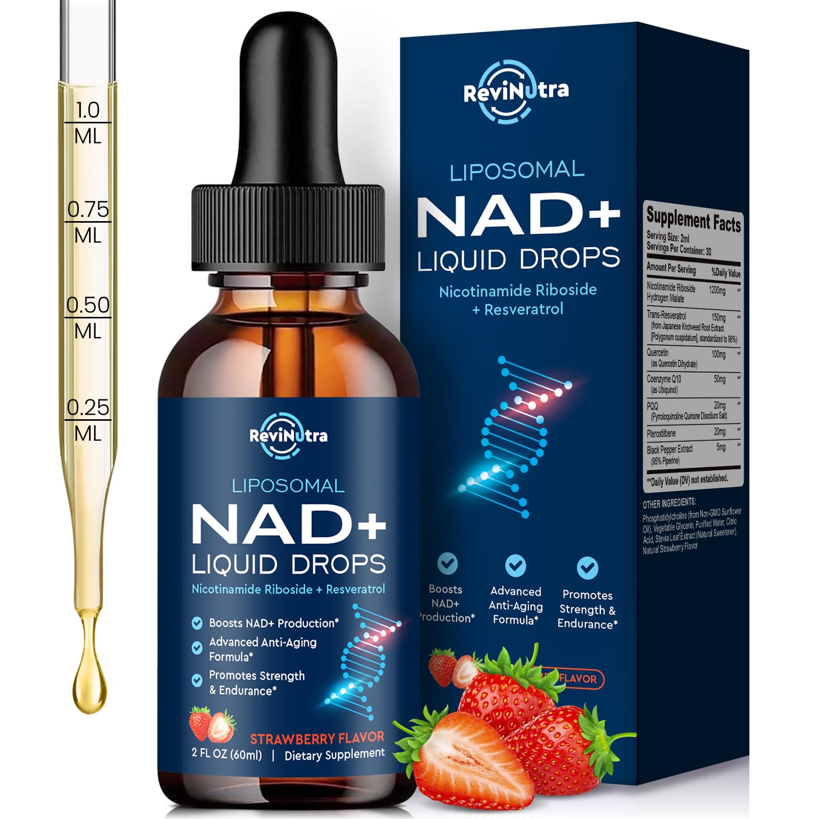 Liposomal NAD+ Liquid Supplement, Nad Resveratrol Supplement for Women & Men, Nicotinamide Riboside with PQQ, CoQ10, Quercetin for Anti-Aging, Brain, Cellular Energy Health, Strawberry Flavor, 2 Fl Oz ReviNutra buy supplements canada
