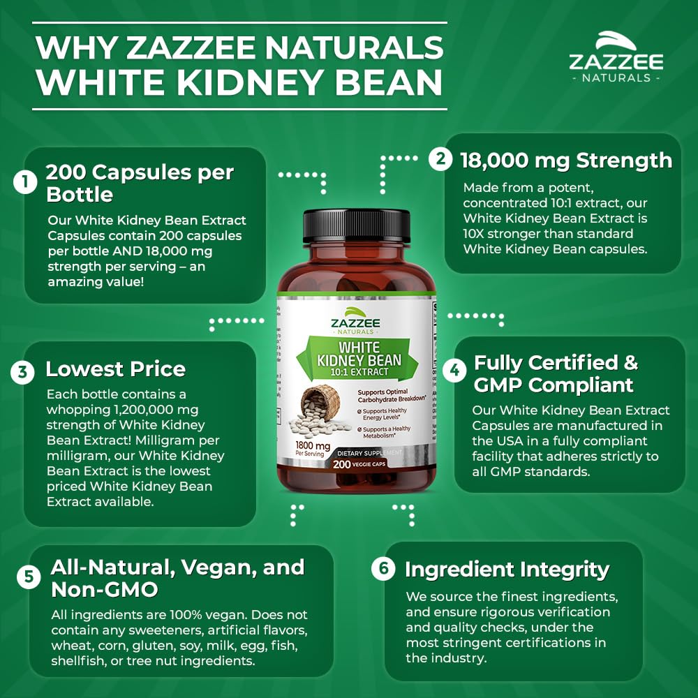 Zazzee White Kidney Bean 10:1 Extract, 18,000 mg Strength, 200 Vegan Capsules, Over 2 Month Supply Zazzee buy supplements canada