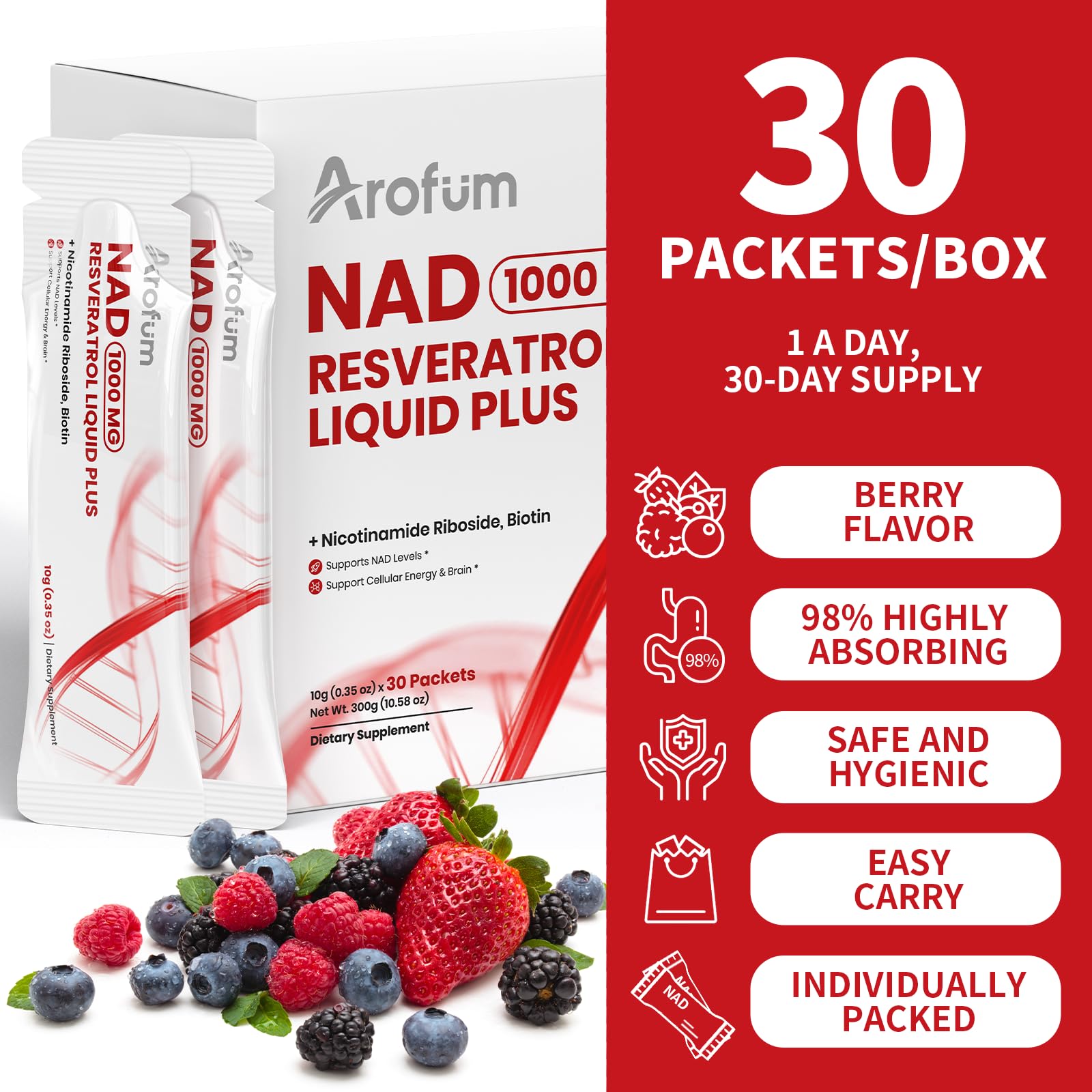 Arofum NAD+ Liquid Supplement 1000mg | 850mg Nicotinamide Riboside with Resveratrol, Quercetin, CoQ10 & Biotin | Cellular Energy, DNA Repair, Healthy Aging | NAD Supplements for Women & Men 30 Packets Arofum buy supplements canada