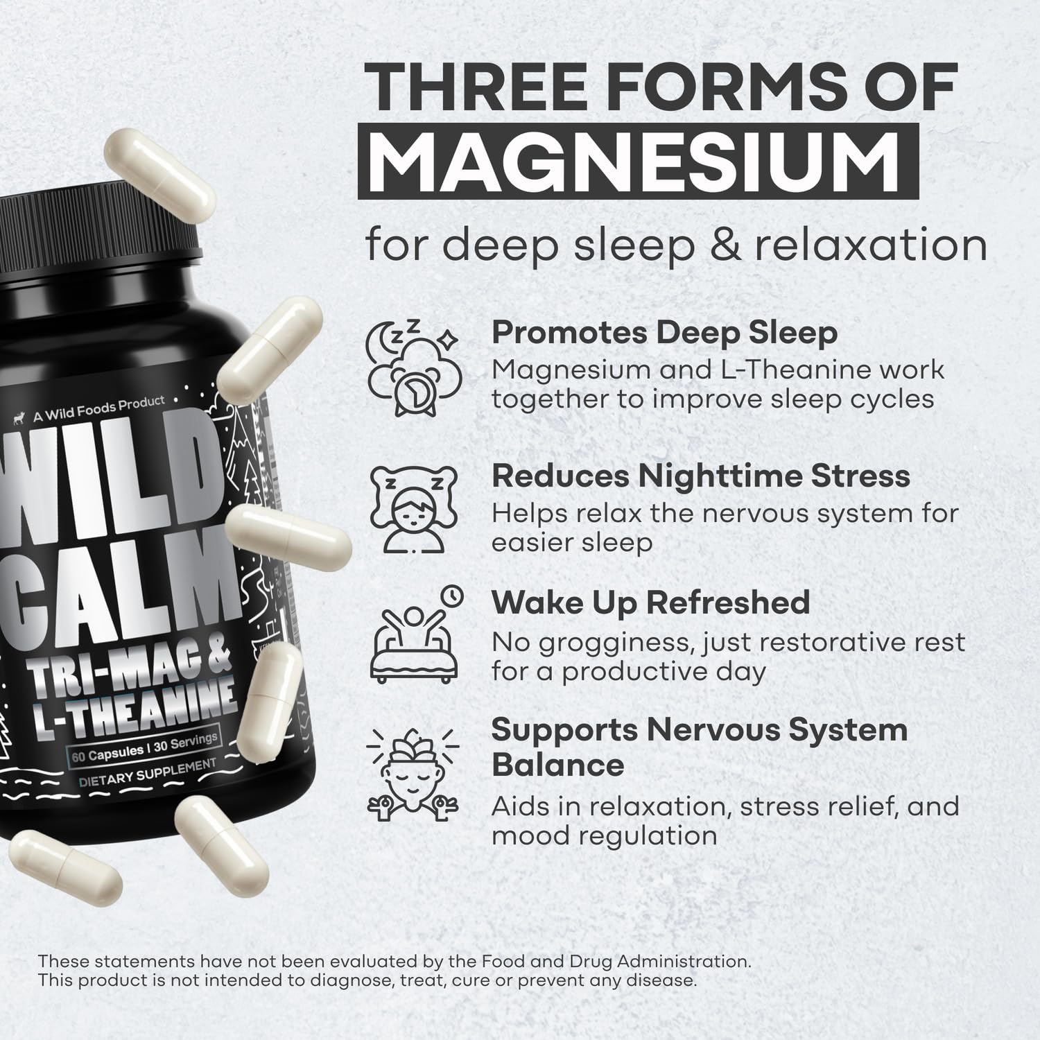 Wild Foods Tri-Mag & L-Theanine – Triple Magnesium Complex for Sleep w/L Theanine – Magnesium Glycinate, Malate, Taurate – 100% Natural – 60 Capsules Wild Foods buy supplements canada