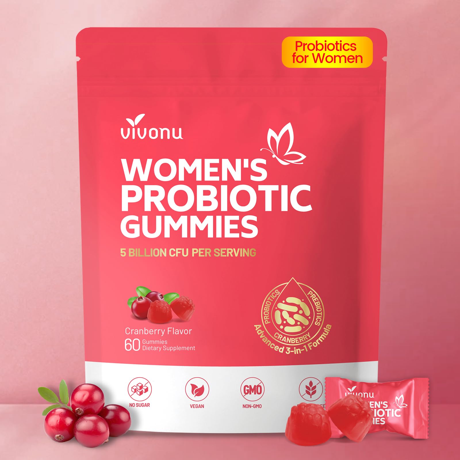 VivoNu Viginal Probiotics for Women, Women Probiotic Gummies, Feminine Balance Gummies, Prebiotic Gummy, Cranberry Probiotics for Woman Vaginigal Health, Yeast Ph Balance| 60 Gummies VivoNu buy supplements canada