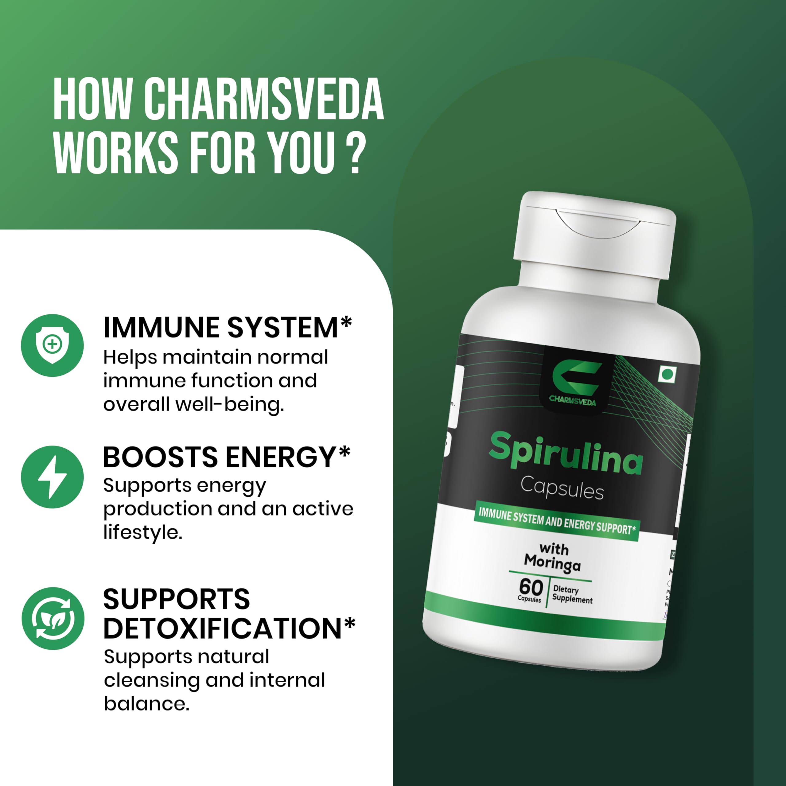 CHARMSVEDA Spirulina Capsules with Moringa – Herbal Immune Support* – 60 Vegan Capsules CHARMSVEDA buy supplements canada